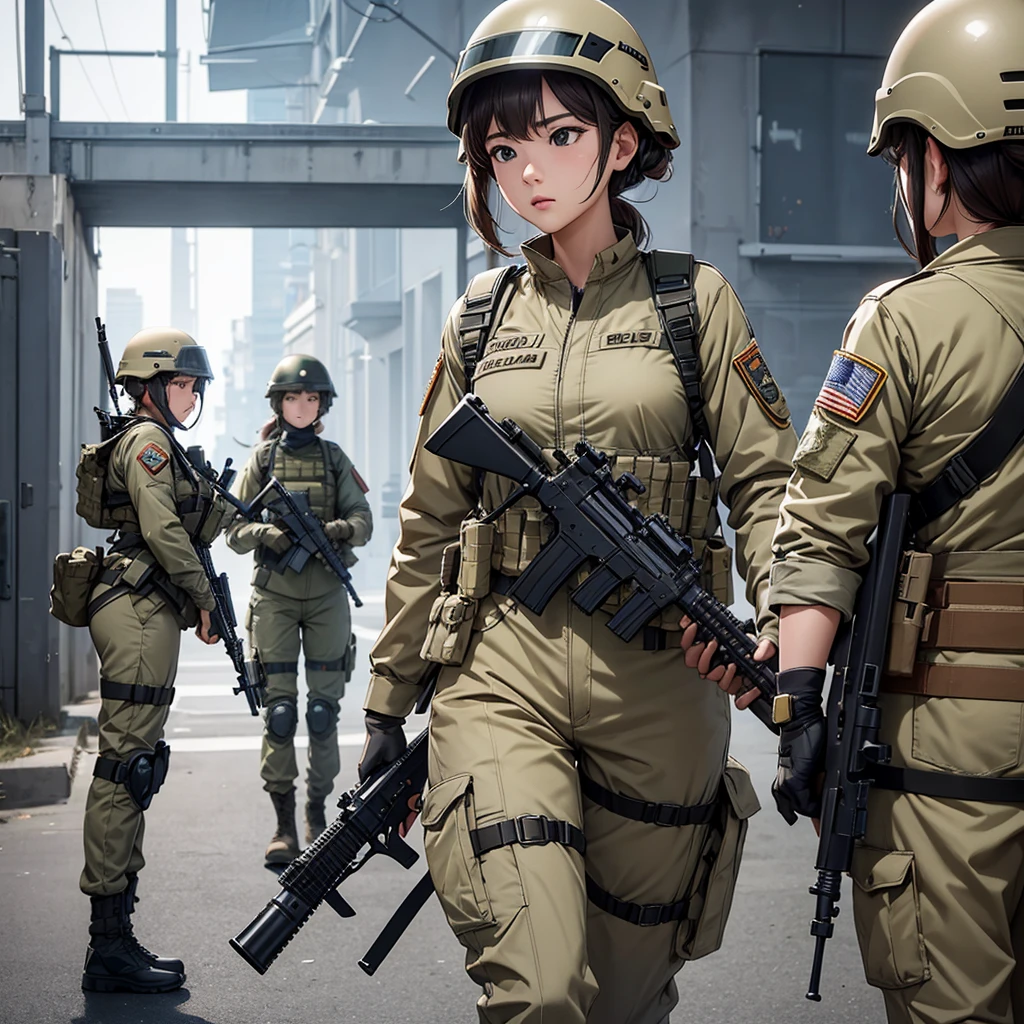 First-person perspective、Four female special forces soldiers wearing helmets、Wearing beige combat uniform、Individual equipment set、Fight with guns、See the crotch、Inside the base、Write details、masterpiece、best quality、Highly detailed CG、8K picture quality