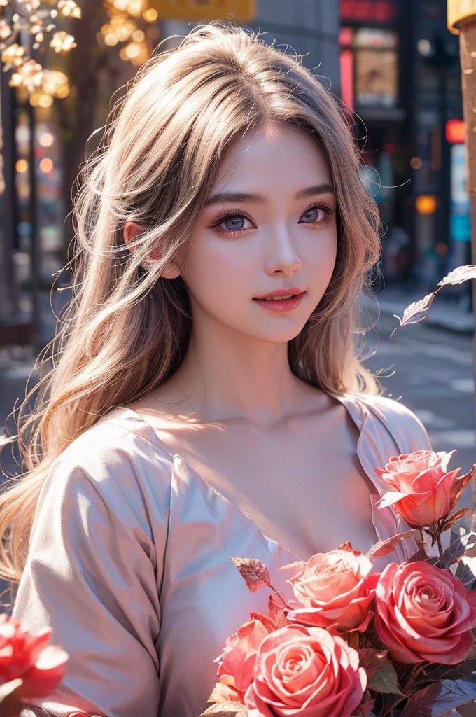 highest quality、8k Masterpiece、ultraA high resolution、(Photorealistic:1.3)、RAW Photos、1 girl、Silvery white hair、Glowing Skin、((Ultra-Realistic Details))、Portrait、Global Illumination、Shadow、Octane Rendering、8k、Super sharp、soft、warm colors、Very intricate details、Realistic Light、CGSoation Trend、Beautiful and shining eyes、Beautiful breasts、To the camera、Neon Details、Landscapes of unimaginable beauty、１００Light of red lanterns、Swirl、samurai girl in the center、female、sexy、Healthy Body、Japanese、A beauty that everyone falls in love with、smile