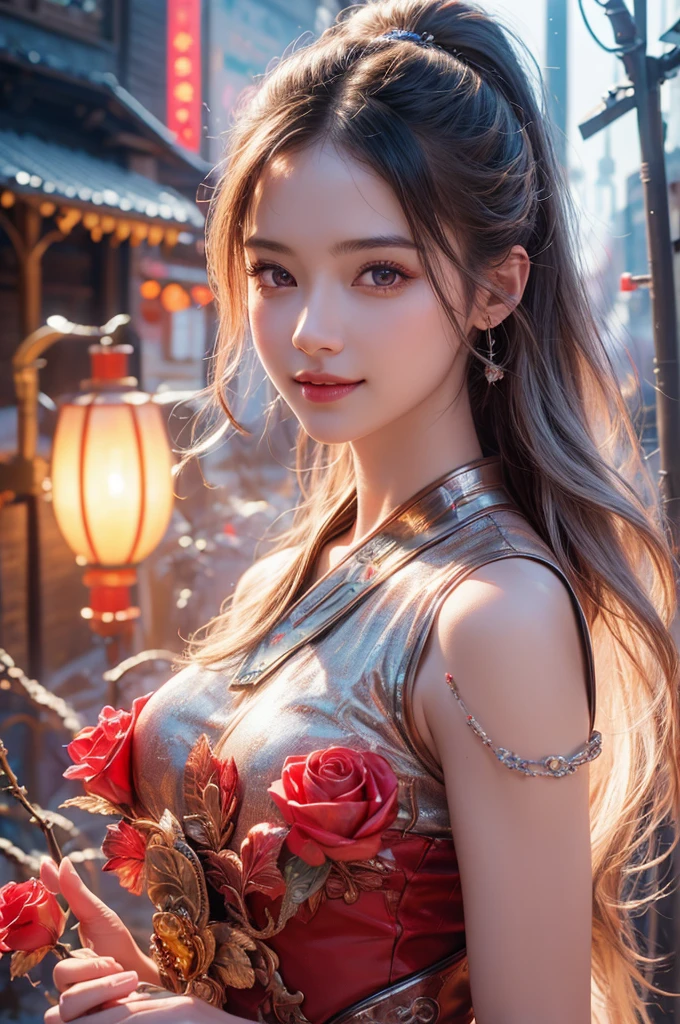 highest quality、8k Masterpiece、ultraA high resolution、(Photorealistic:1.3)、RAW Photos、1 girl、Silvery white hair、Glowing Skin、((Ultra-Realistic Details))、Portrait、Global Illumination、Shadow、Octane Rendering、8k、Super sharp、soft、warm colors、Very intricate details、Realistic Light、CGSoation Trend、Beautiful and shining eyes、Beautiful breasts、To the camera、Neon Details、Landscapes of unimaginable beauty、１００Light of red lanterns、Swirl、samurai girl in the center、female、sexy、Healthy Body、Japanese、A beauty that everyone falls in love with、smile