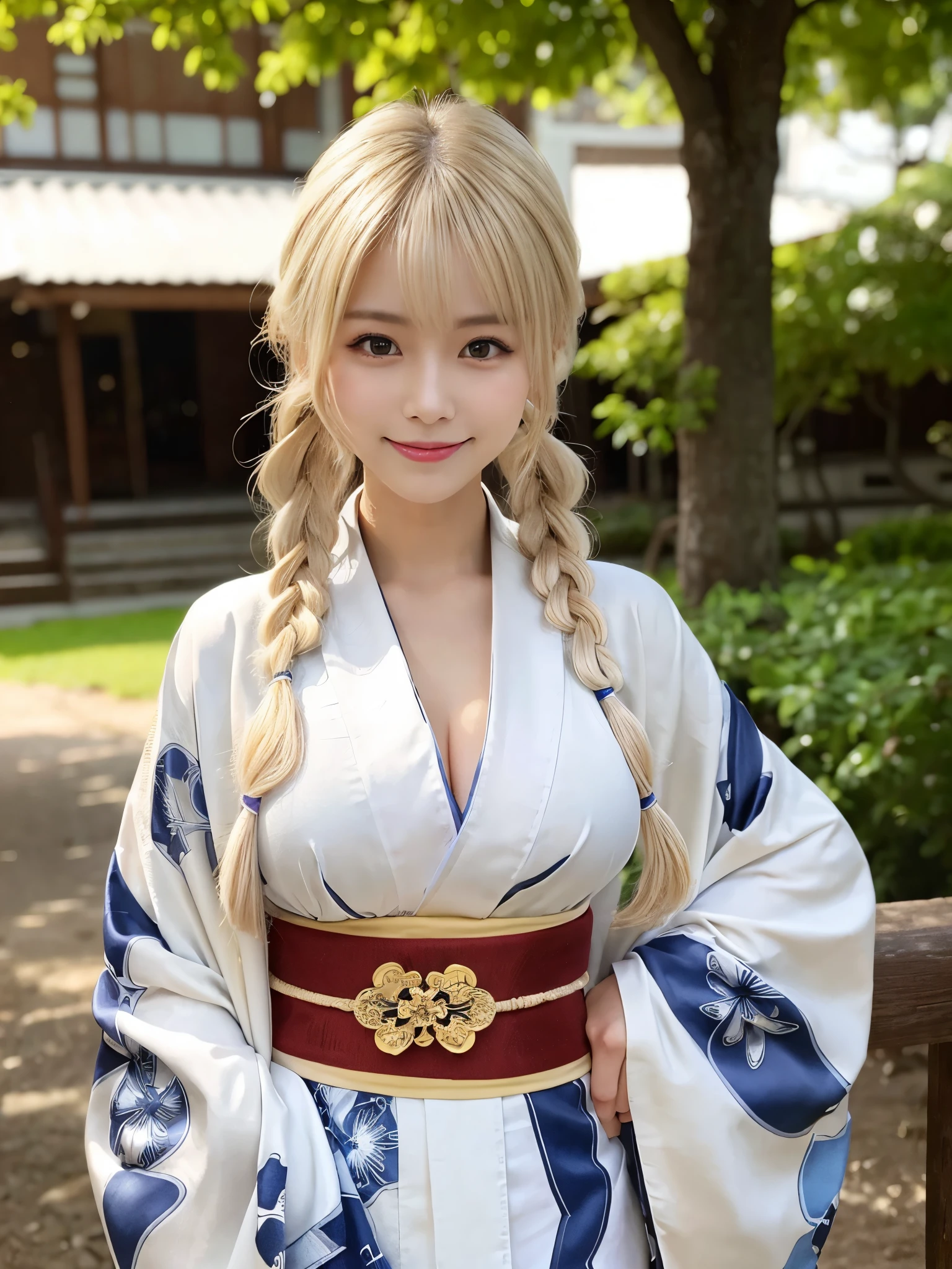 (Cowboy Shot:1.3),( Masterpiece, highest quality), 98k, ((Perfect Anatomy:1.2)),Beautiful Japanese Women, Succubus,(one person:1.3), 20-year-old, Small face,(Cute face:1.2),Smiling, Larger breasts, ,Beautiful and detailed eyes, Evenly spaced eyes 1.2, long platinum blonde hair,(Braided upstyle), (Highly detailed face and skin texture), Beautiful face in golden proportions,White skin,(Kimono Beauty:1.2),Random sexy poses、(Expose the valley:1.3)