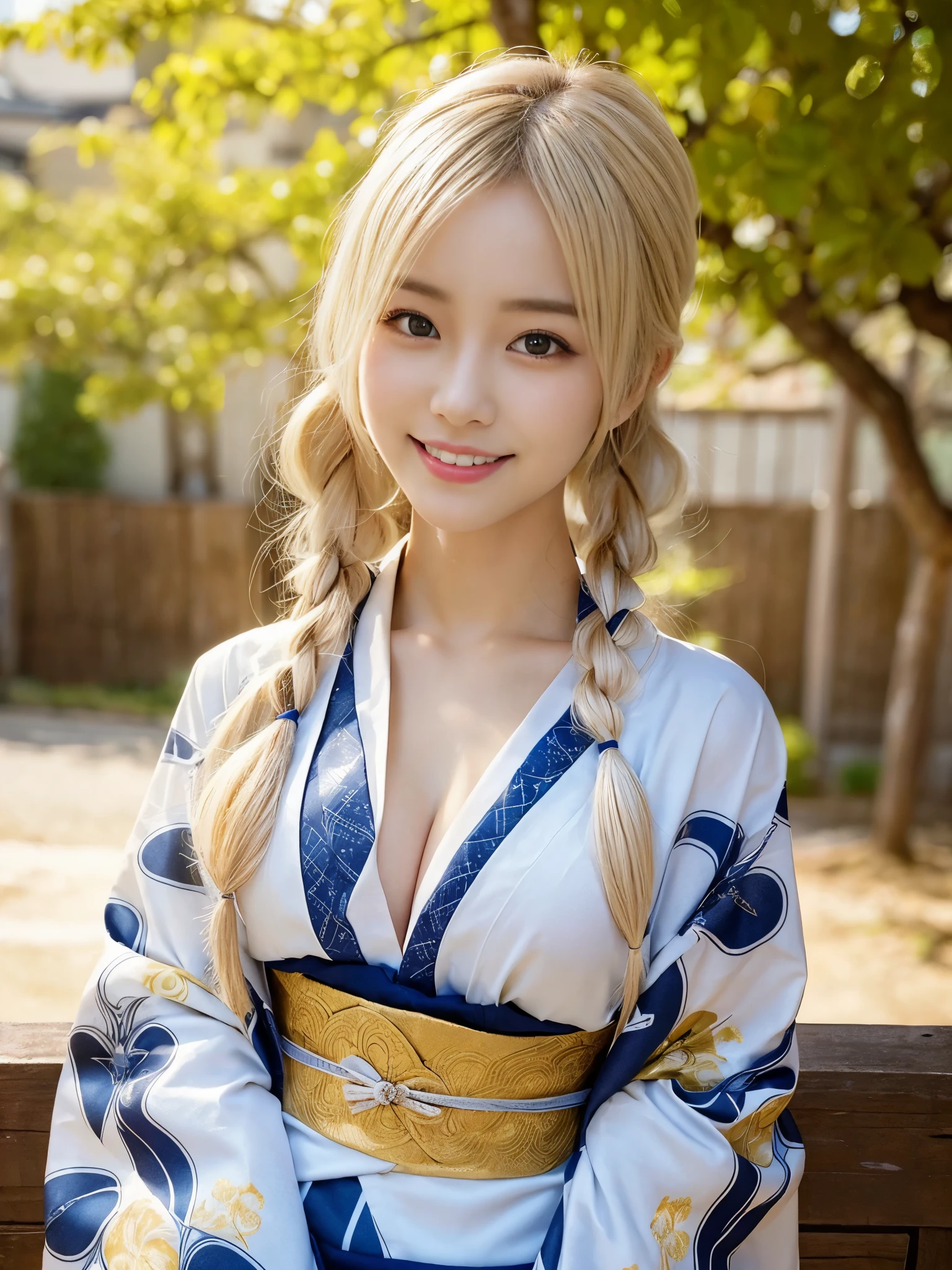 (Cowboy Shot:1.3),( Masterpiece, highest quality), 98k, ((Perfect Anatomy:1.2)),Beautiful Japanese Women, Succubus,(one person:1.3), 20-year-old, Small face,(Cute face:1.2),Smiling, Larger breasts, ,Beautiful and detailed eyes, Evenly spaced eyes 1.2, long platinum blonde hair,(Braided upstyle), (Highly detailed face and skin texture), Beautiful face in golden proportions,White skin,(Kimono Beauty:1.2),Random sexy poses、(Expose the valley:1.3)
