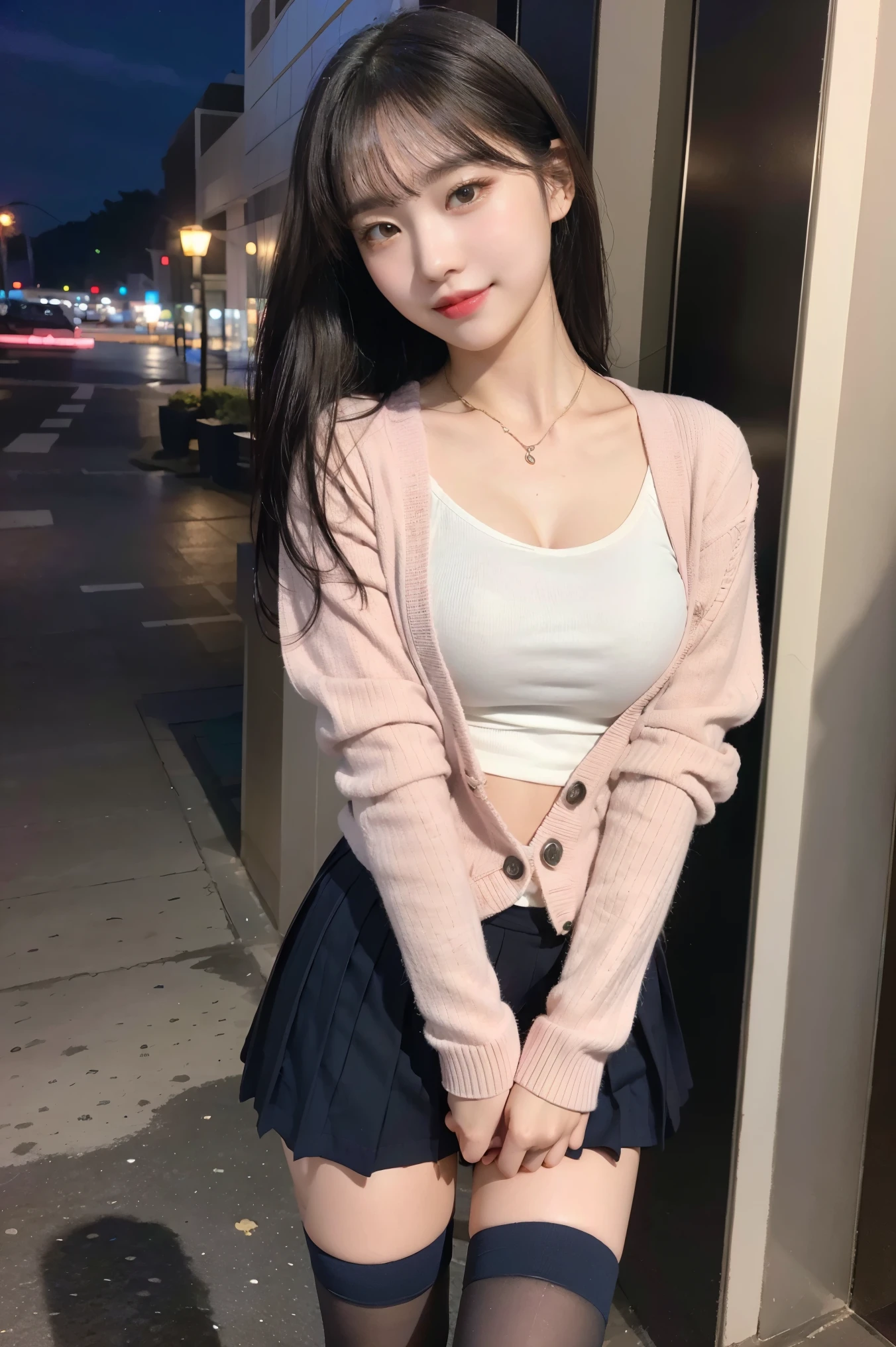 (8K), (highest quality: 1.2), (realistic), (realistic: 1.37), ultra high resolution, (1 girl, cute, smile, closed mouth, thick lips,red lip,beautiful details, beautiful nose, (straight black hair), giant dulcefo, self snap,(school uniform),(pink cardigan),white shirt,tie,check pleated skirt,(Blue knee-high socks),Standing in the city at night, From above,close up of face,thin necklace,(Medium Shot:1.2),