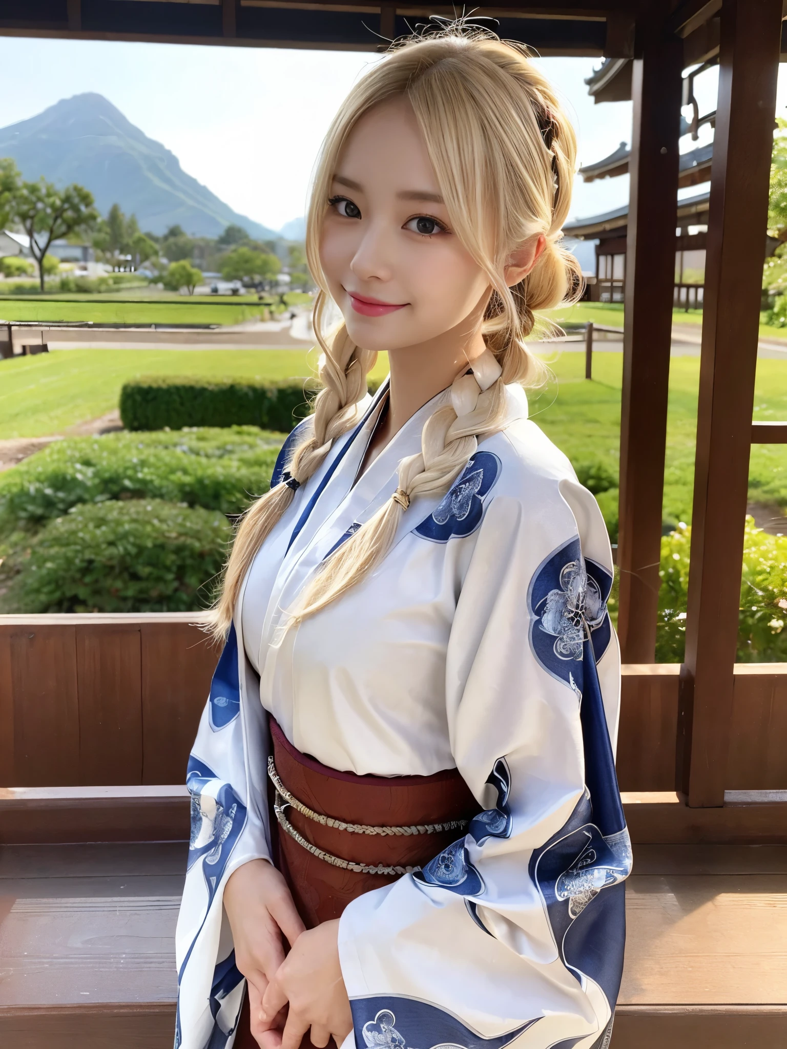 (Cowboy Shot:1.3),( Masterpiece, highest quality), 98k, ((Perfect Anatomy:1.2)),Beautiful Japanese Women, Succubus,(one person:1.3), 20-year-old, Small face,(Cute face:1.2),Smiling, Larger breasts, ,Beautiful and detailed eyes, Evenly spaced eyes 1.2, long platinum blonde hair,(Braided upstyle), (Highly detailed face and skin texture), Beautiful face in golden proportions,White skin,(Kimono Beauty:1.2),Random sexy poses、(Expose the valley:1.3)