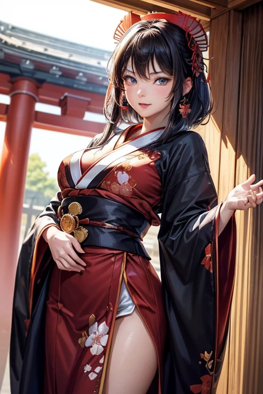 #Basics A girl is posing for a photo, animeのかわいい女の子, (((One Girl, Baby Face, 16 years old))), 
BREAK 

#Clothing Accessories 
(Shrine maiden costume : (Black background)A large red-sleeved haori coat:1.4 + Large camellia embroidery is applied + Deep red hakama skirt + Simple white headdress + Traditional shrine maiden attire:1.4 + A folding fan is attached to the obi.:1.4), 
((Golden hoop earrings)), 
BREAK 

#Features 
(Black Hair:1.4, Bangs that expose the forehead:1.4, Chest-length sideburns, Very short back hair + Straight back hair), 
(Droopy eyes,blue eyes), (Small breasts), 
BREAK 

#expression 
(smile, one eye closed), 
#background environment 
((noon:1.4 + shrine:1.4 + blue sky + Sunshine + cherry blossoms)), 
#composition 
(Face the viewer:1.4, from below:1.4, (Dynamic Pose:1.4 + Are standing:1.4), Cowboy Shot:1.4), 
BREAK 

#Body parts elements 
(Beautiful Hair,Shiny Hair), 
(double eyelid, Long eyelashes), 
(Expression of fine eyes, Beautiful and delicate eyes, Sparkling eyes, Eye Reflexes), 
(Human Ear), 
(Beautiful Nose, Thin Nose), 
(Glossy lips, Beautiful Lips, Thick lips), (Symmetrical facial features), 
(Detailed skin, Textured skin, Beautiful Skin), 
BREAK 

#Quality 
(((highest quality)), ((masterpiece)), ((Very detailed))), ((High resolution), (16k,1080p)), 
(Realistic), (Anatomically correct), 
((comics, anime)), (3DCG), CG illustration,

