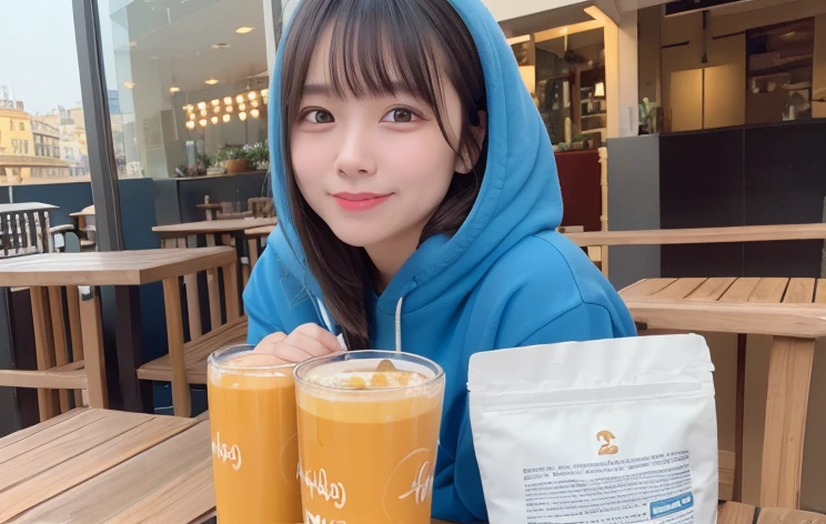 highest quality, shape, Very detailed, finely, High resolution, 8k wallpaper,, finelyて美しい目, Large hoodie,Natural color lip, smile、cute、Light blue hair、Medium Hair、Tear bags、Iris、Cafe Terrace