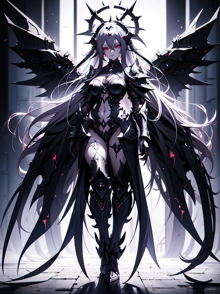 queen power armor , (gothic style), full body view , bellybutton, The most beautiful and sexy demon goddess, long white hair, glowing red eyes, wearing detailed black gothic battle armor, black angel wings, tattoos and piercings, gothic castle, perfect masterpiece, high quality, high resolution
