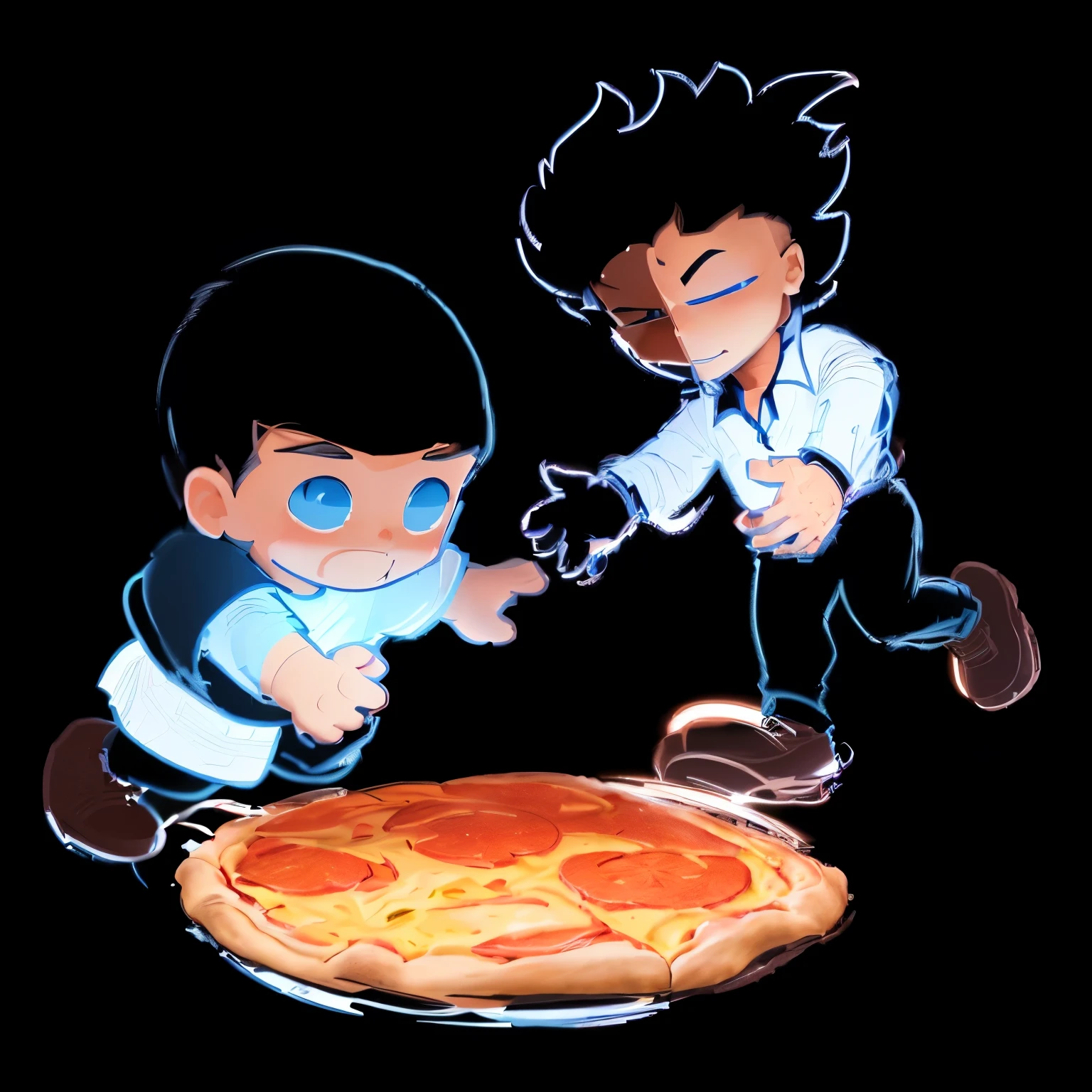 A is about to fall onto a giant pizza,A handsome boy next to him rushed over to help him,Comic Style,Thick lines,dynamic,more details, 2D game line drawing behance hd, 2D game line drawing behance hd, Clear anime silhouette, Thick lines, High-quality fanart,