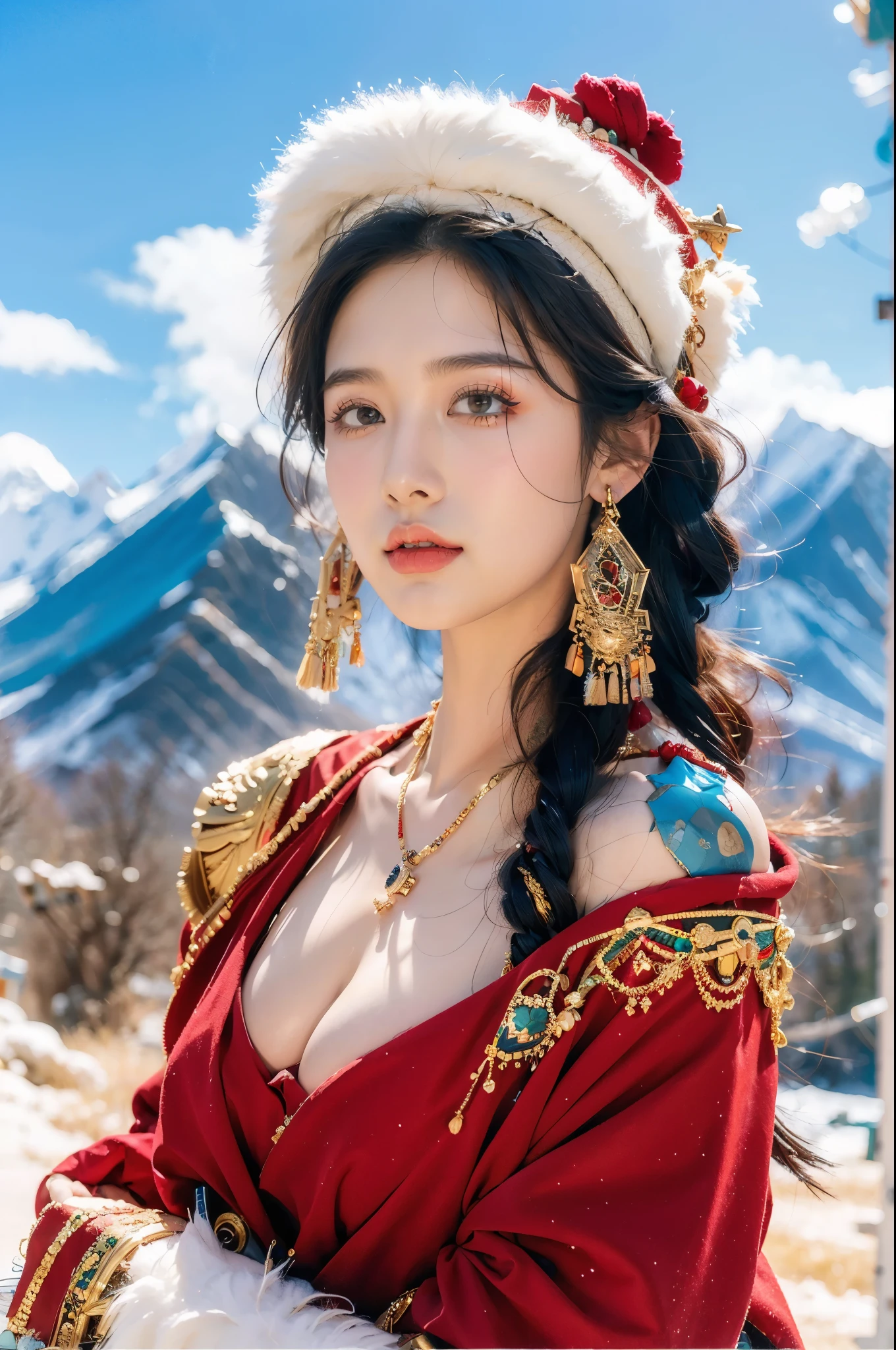 (masterpiece, best quality:1.2),red Tibetan clothing,1 Tibetan girl, blue sky, cloud, cloudy sky, day, earrings,Plush hat, horizon,Tibetan Earrings,jewelry,necklace, lips,snow mountain, outdoors, parted lips, red lips, solo, upper body,cleavage,gigantic breasts,shoulder off