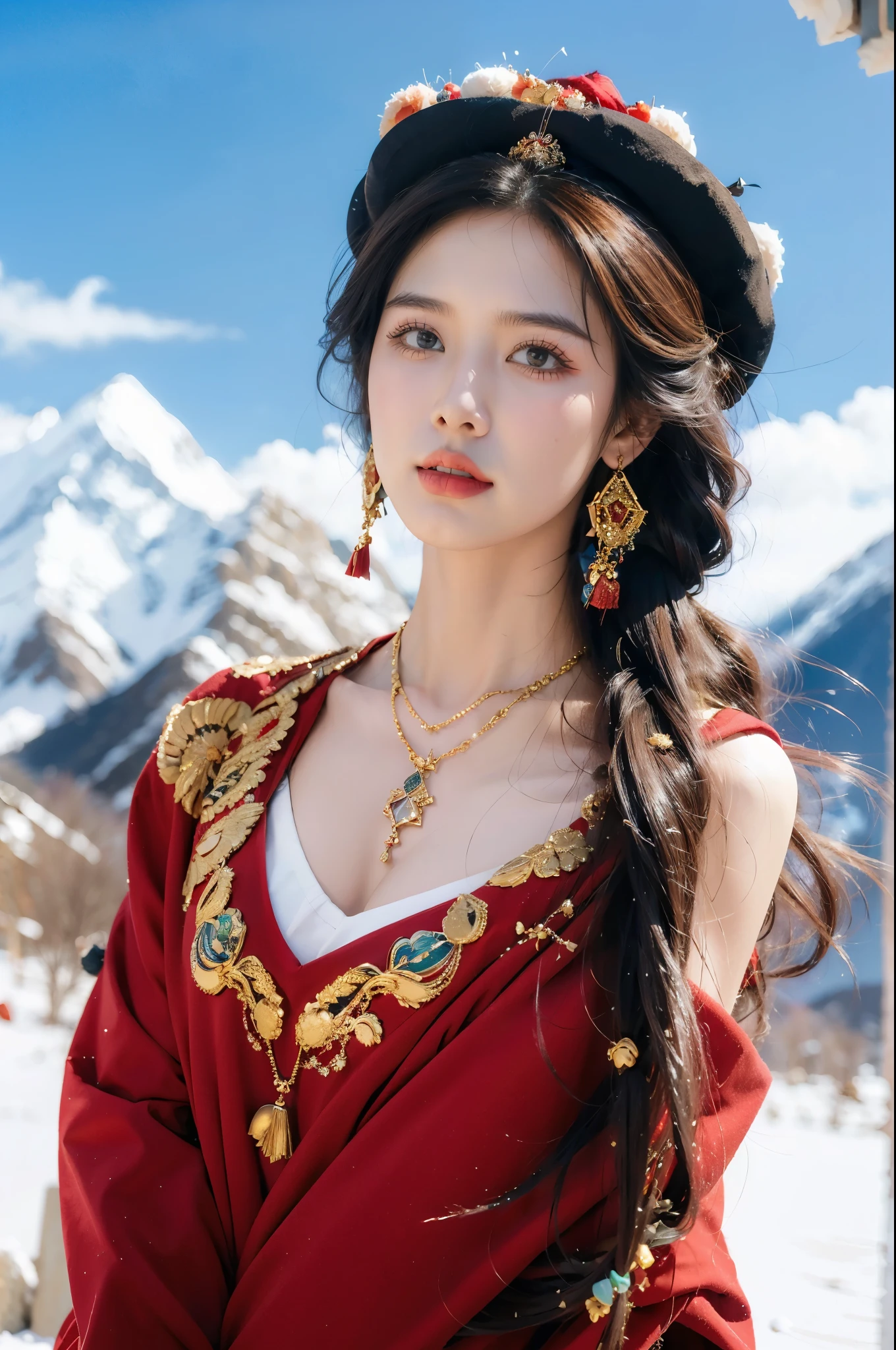 (masterpiece, best quality:1.2),red Tibetan clothing,1 Tibetan girl, blue sky, cloud, cloudy sky, day, earrings,Plush hat, horizon,Tibetan Earrings,jewelry,necklace, lips,snow mountain, outdoors, parted lips, red lips, solo, upper body,cleavage,gigantic breasts,shoulder off