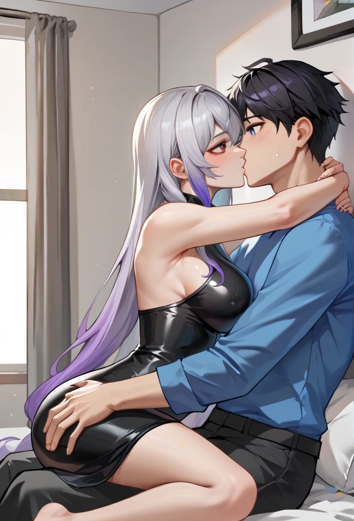 score_9,score_8_up,score_7_up,a picture of a couple,1girl and 1 boy,
yinji,1girl,purple_hair,red eyes,very_long_hair,grey_hair,gradient_hair(black latex dress) , 1boy, blue eyes, black hairs , blue shirt,cool,hugging each other and kissing, bedroom