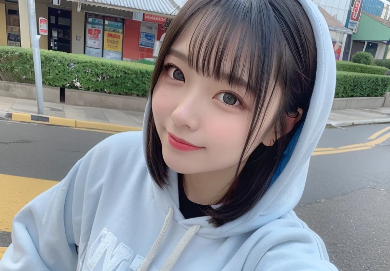 highest quality, shape, Very detailed, finely, High resolution, 8k wallpaper,, finelyて美しい目, Large hoodie,Natural color lip, smile、cute、Light light blue hair、Medium Hair、Tear bags、Iris、Realistic、Street Snap