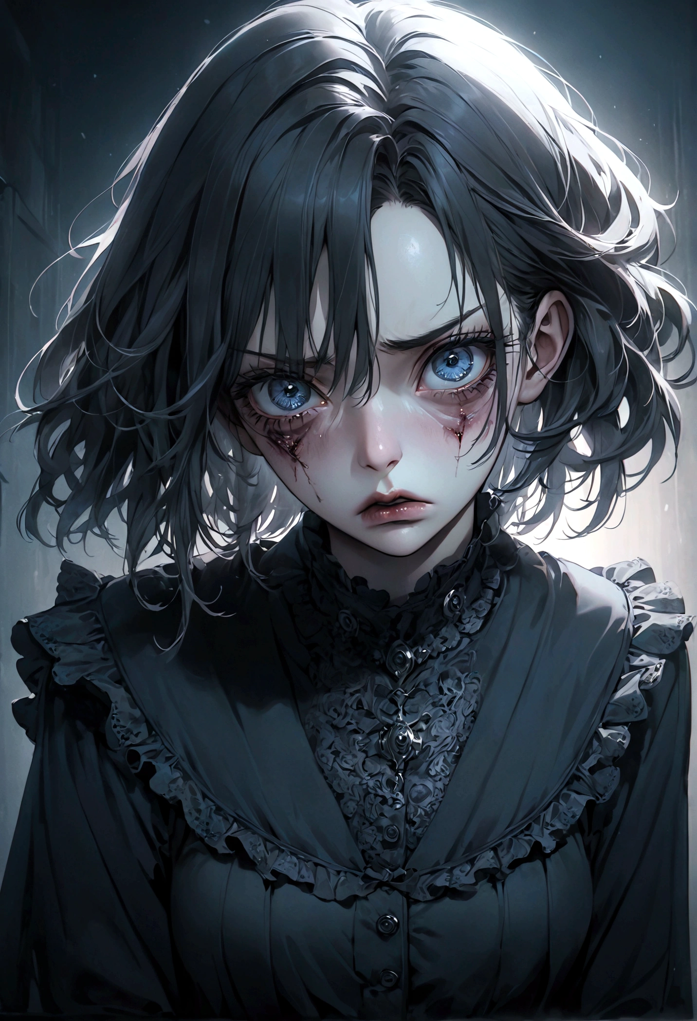 1girl, Disgusted Look, a disgusted woman with a scrunched up face, detailed eyes and lips, long eyelashes, expressive facial features, studio lighting, high quality, cinematic, hyperdetailed, dramatic lighting, cool color tones, gloomy atmosphere, horror, dark fantasy, masterpiece, best quality, very aesthetic, absurdres