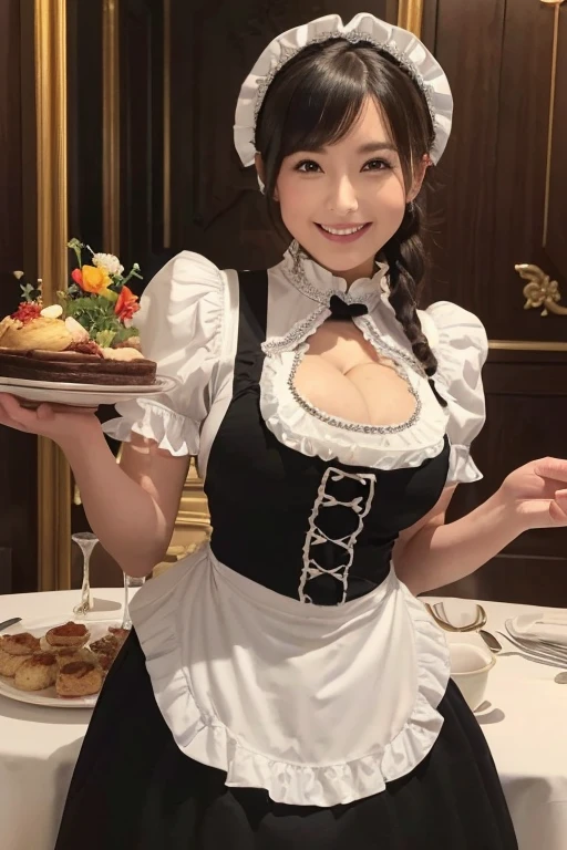 ((1 beautiful maid,adult maid,30 years old,Victoria maid, Black and white maid,Maid dress with ruffles,Maid costume(With apron),Maid costume(With apron),Luxury maid uniform,long skirt, Victoria maid服装,穿上Maid costume,The background is the VIP room,Rooms in the building,building,VIP room,Elegant VIP room with detailed decoration,Luxurious dining table,A sumptuous feast,Festivals line up,luxury table,Elegant standing maid)),(Emphasize body lines,豐滿的Large Breasts,About to explode,Stare into the camera and show your brightest smile,Looking at the camera,Top image quality, Top image quality, masterpiece, White Teeth,Perfect smile,Staring at the camera with a bright smile,HD RAW color photography, Professional photography, Extremely refined, Very detailed,Fine details, Huge file size,Top image quality,8K,Photos taken with a single-lens camera)(((Full and soft breasts,)))(((Large Breasts))) (((Cleavage))),