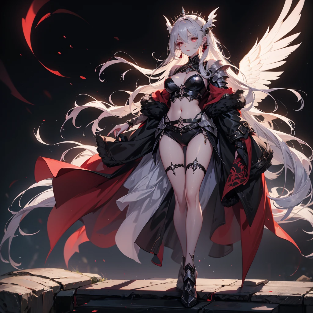 queen power armor , (gothic style), full body view , bellybutton, The most beautiful and sexy demon goddess, long white hair, glowing red eyes, wearing detailed black gothic battle armor, black angel wings, tattoos and piercings, gothic castle, perfect masterpiece, high quality, high resolution