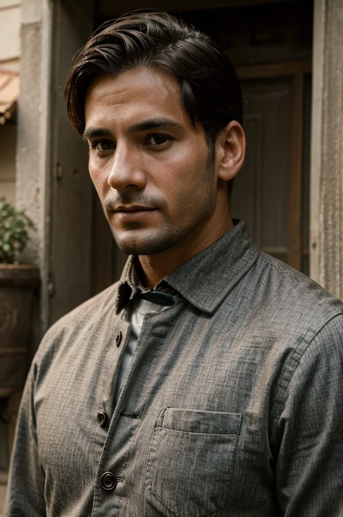 Full face a man 30 years old have wife and one kid and old era or generation in 1923