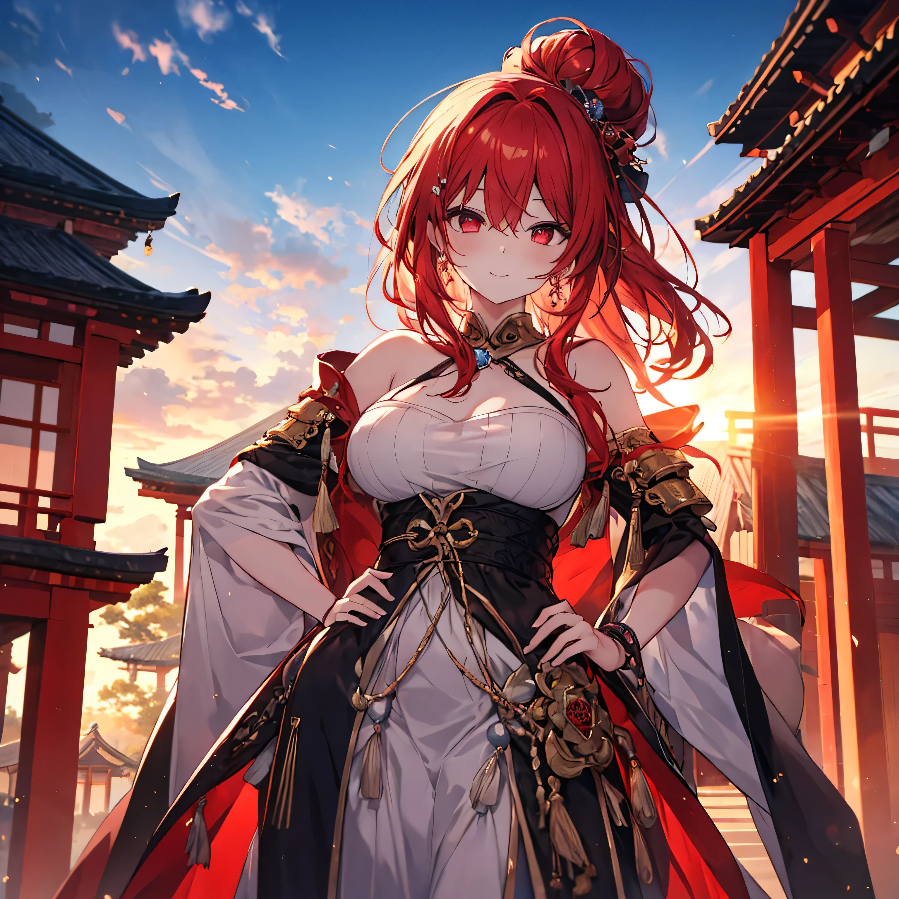 A calm woman, director, solo、(Highly detailed background:1.0)、(Highly detailed background:1.0)、masterpiece、highest quality、(Babes)、Fractal Art、Red eyes、Narrow eyes、Reddish cheeks、Armored warrior、Japan、From the shoulders up、Recall、smile、(long red hair、Colorful Hair)、Streetscapes and such、Kiyomizu-dera Temple、sunset, Hair Bun, Long Red Hair, Red eyes,Stylish accessories solo, Big Breasts, woman, Take-out, Provocative laughter,40 year old woman,Queen of Sadism, Highly detailed background, Great writing style, Pose with one hand on your hip, period drama, Diffuse reflection of light,