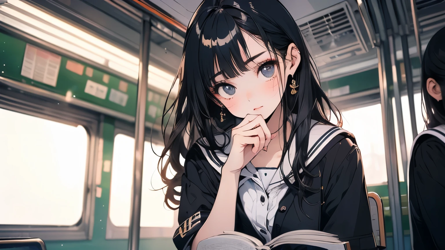 ((Beautiful schoolgirl:1.5),High resolution, highest quality),Wearing a sailor uniform,Super detailed, Big bright eyes, dark and brilliant curly hair, Sad look, Rosy Cheeks, Soft Light, Pure white background.  riding a train,Reading a book,whole body,Attractive legs,whole body,Her legs are slightly apart