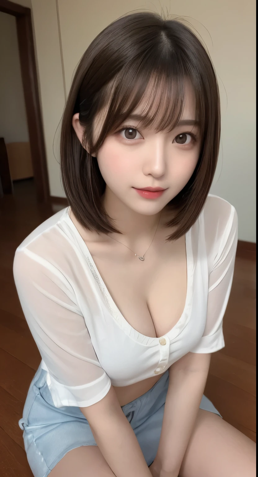 Tabletop, highest quality, shape, Very detailed, finely, High resolution, 8k wallpaper, 完璧なダイナミックな構shape, Beautiful and exquisite, Medium Hair, Small breasts, Natural color lip, Random sexy poses,smile、20-year-old girl、Beautiful and dense face、Perfect and beautiful face,Big eyes、RAW Photos、spread your arms and legs wide、女性らしいポーズをwhole bodyで表現する、Beautiful and exquisite、Small face、Beautiful Duplex、Slim face and figure、White shirt、Beautiful golden ratio face、whole body