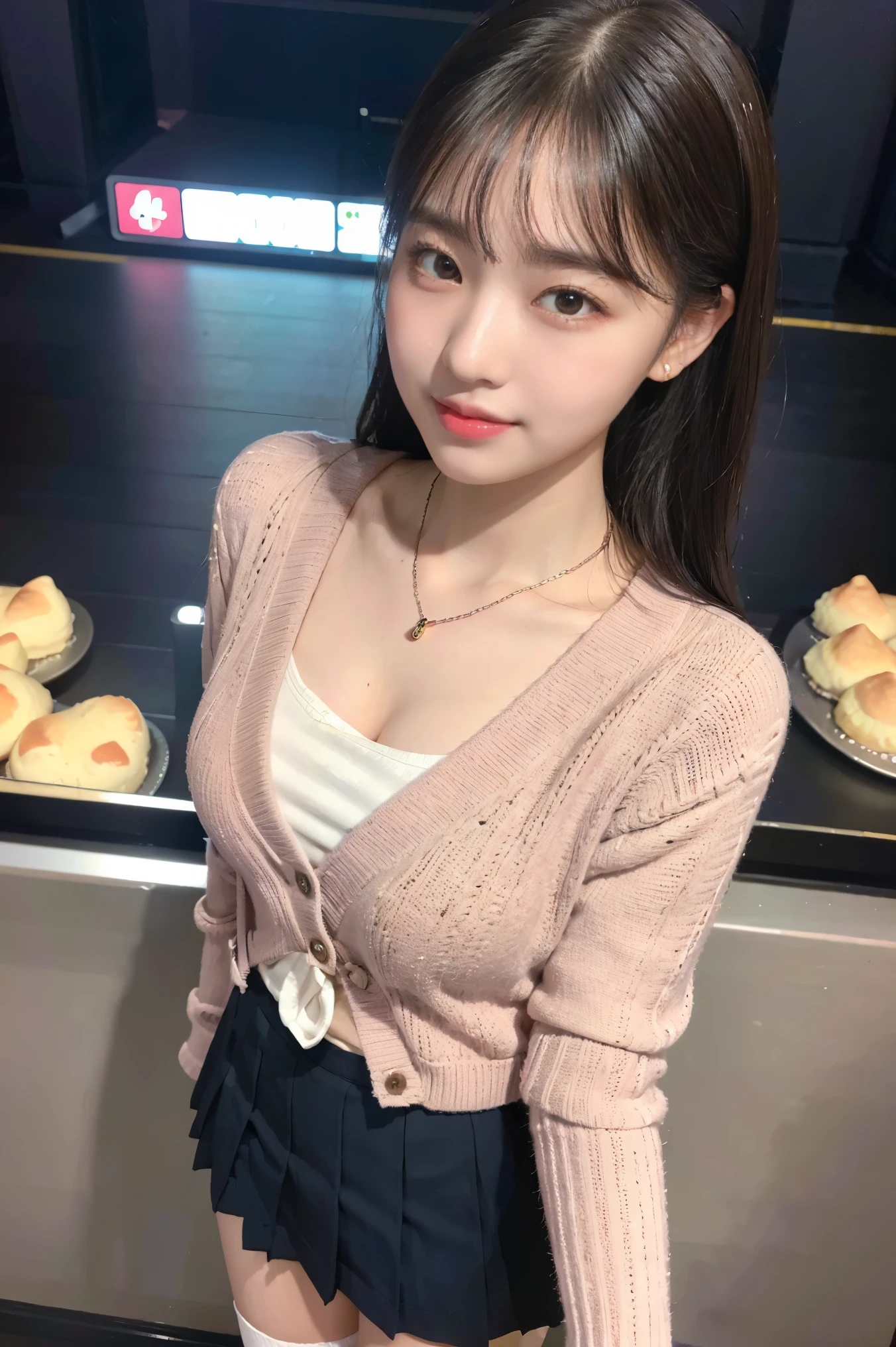 (8K), (highest quality: 1.2), (realistic), (realistic: 1.37), ultra high resolution, (1 girl, cute, smile, closed mouth, thick lips,red lip,beautiful details, beautiful nose, (straight black hair), giant dulcefo, self snap,(school uniform),(pink cardigan),layered,white shirt,tie,check pleated skirt,(Blue knee-high socks),Standing in the city at night, From above,close up of face,thin necklace,(Medium Shot:1.2),