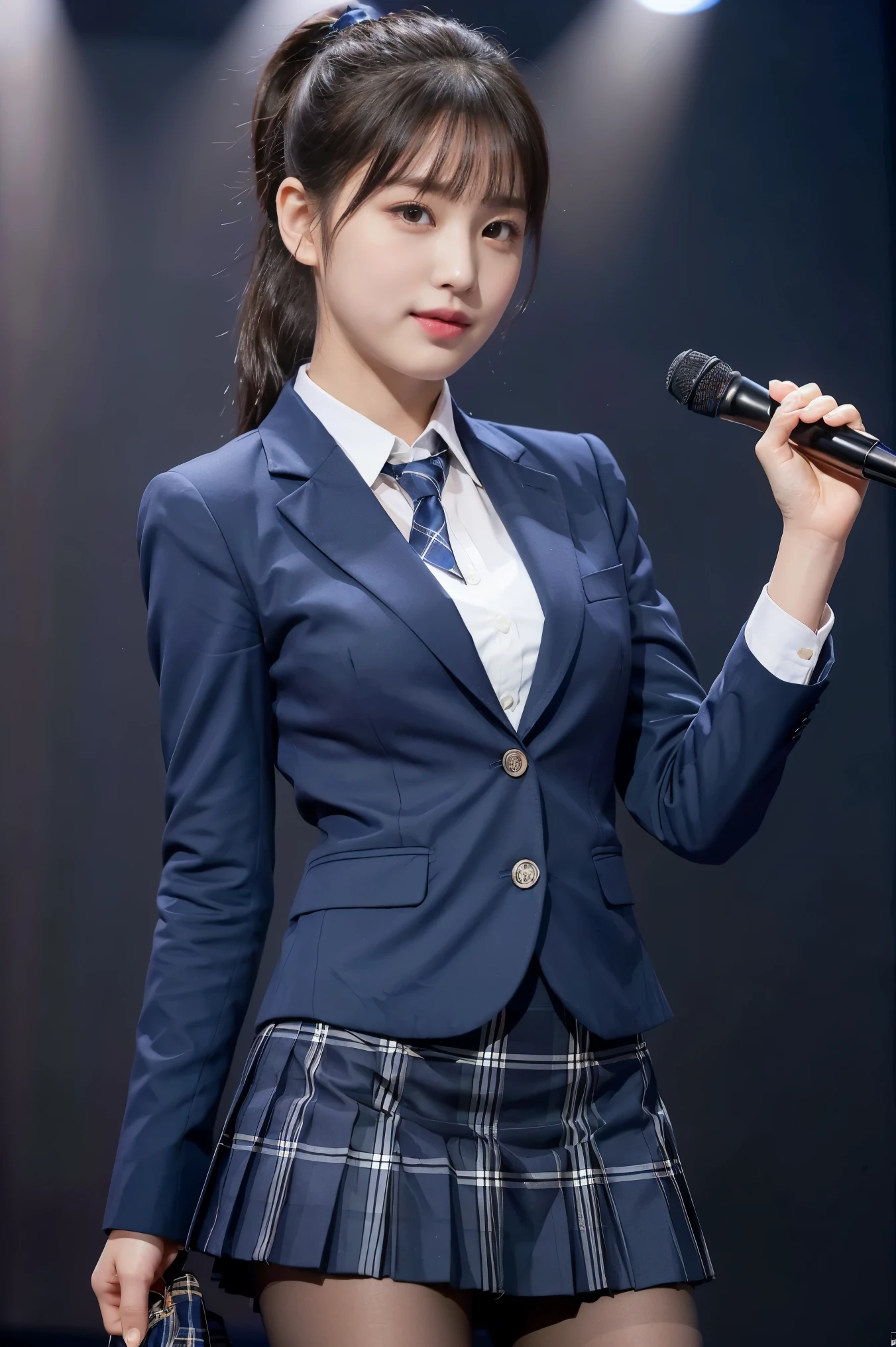 (8K), (highest quality: 1.2), (realistic), (realistic: 1.47), ultra high resolution, 1 girl, cute, smile, closed mouth, (thick lips:1.2),red lip,(Purse your mouth),beautiful details, beautiful nose,(Straight shiny black hair),(ponytail hair),Standing on the concert stage,hold the microphone in your right hand,Bend your elbows and raise your hands,(University Student Uniform,A simple navy blue blazer,white satin shirt,tie,Tartan check pleated skirt,opaque tights:1.2),(Close up on shiny thighs:1.2),(knees),(super low angle:1.2),(medium shot),
