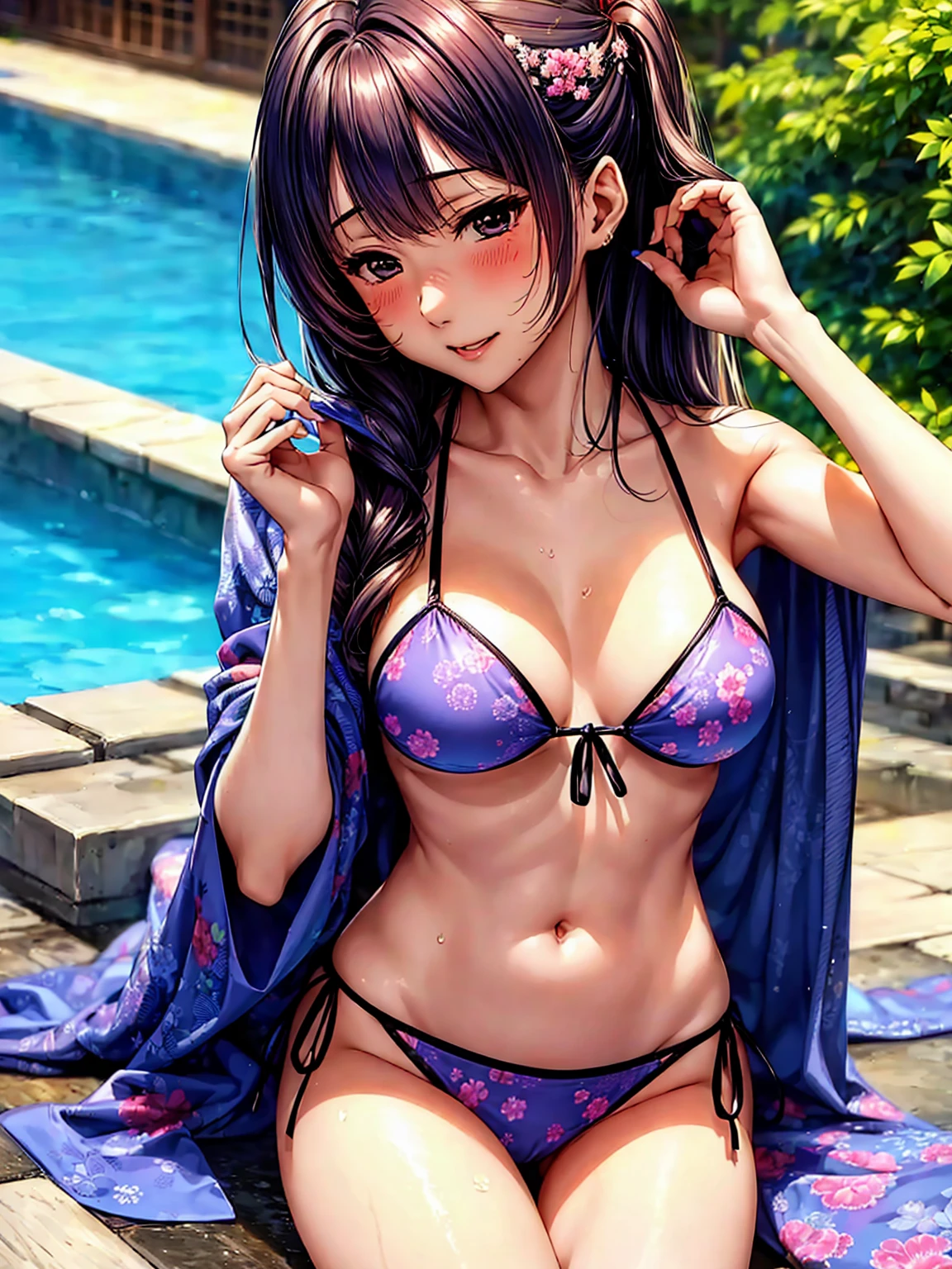 highest quality、masterpiece、A beautiful woman in a bikini stands in the pool, Beautiful Japanese Woman, Japanese Model、Patterned bikini, Cute Bikini,sling bikini, 官能Gravure idol, Gravure idol, blushing、Make your face bright red,Shy blush,Laughter、Beautiful Face、