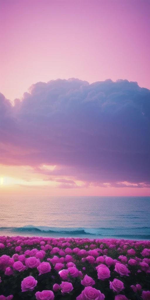 Pink moon, pink sky, soft pink clouds, pink ocean waves sparkling, sparkling, pink roses on pink ocean, fantasy, diamond, crown, universe, soft lights,