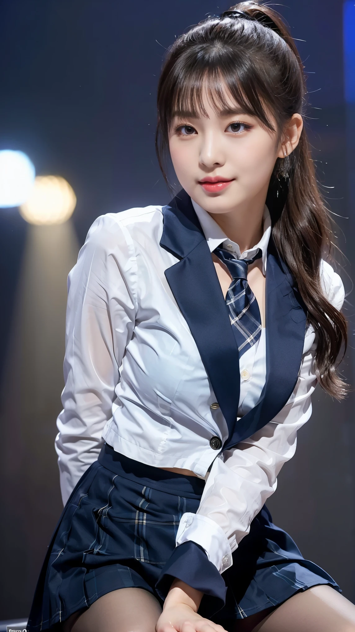(8K), (highest quality: 1.2), (realistic), (realistic: 1.47), ultra high resolution, 1 girl, cute, smile, closed mouth, (thick lips:1.2),red lip,(Purse your mouth),beautiful details, beautiful nose,(Straight shiny black hair),(ponytail hair),Standing on the concert stage,hold the microphone in your right hand,Bend your elbows and raise your hands,(University Student Uniform,A simple navy blue blazer,white satin shirt,tie,Tartan check pleated skirt,opaque tights:1.2),(Close up on shiny thighs:1.2),(knees),(super low angle:1.2),(medium shot),