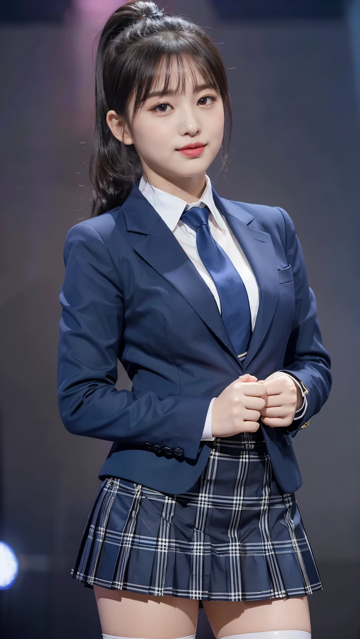 (8K), (highest quality: 1.2), (realistic), (realistic: 1.47), ultra high resolution, 1 girl, cute, smile, closed mouth, (thick lips:1.2),red lip,(Purse your mouth),beautiful details, beautiful nose,(Straight shiny black hair),(ponytail hair),Standing on the concert stage,hold the microphone in your right hand,Bend your elbows and raise your hands,(University Student Uniform,A simple navy blue blazer,white satin shirt,tie,Tartan check pleated skirt,opaque tights:1.2),(Close up on shiny thighs:1.2),(knees),(super low angle:1.2),(medium shot),