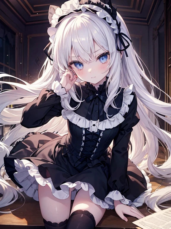 Tabletop, highest quality, (Perfect Face:1.1), (Attention to detail:1.1), (Ultra-detailed eyes),dramatic,Ultra-thin illustration,Very detailed,One Girl,ager,(Pale skin),Long white hair,Psychic Eyes,Simple eyes,Hollow Eyes,blue eyes,blush,alone,smile,Happy,smile,enjoy, Open your mouth,Pouting,Cinema Lighting,Upper Body,look up,Leaning forward,Long sleeve,Gothic LoliFrills,ribbon,Knee-high socks,indoor,night