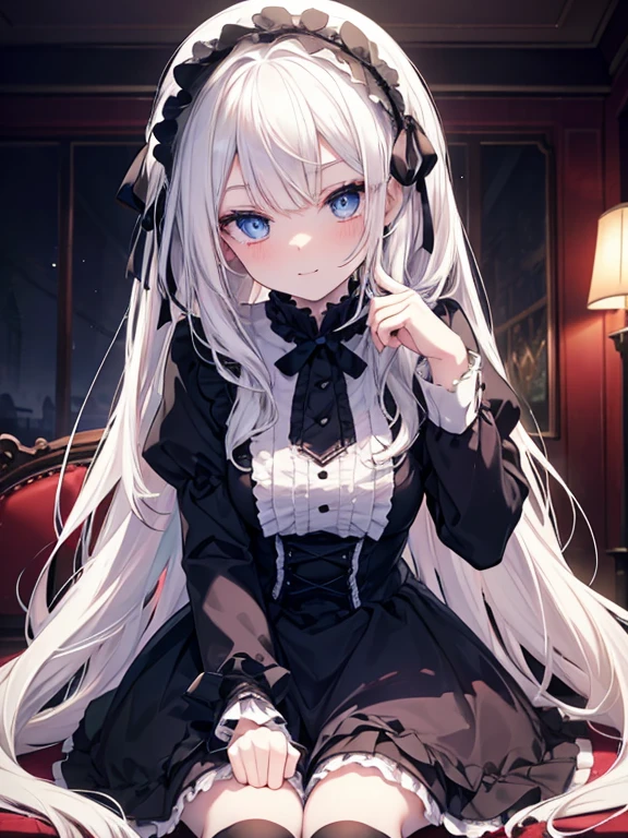 Tabletop, highest quality, (Perfect Face:1.1), (Attention to detail:1.1), (Ultra-detailed eyes),dramatic,Ultra-thin illustration,Very detailed,One Girl,teenager,(Pale skin),Long white hair,Psychic Eyes,Simple eyes,Hollow Eyes,blue eyes,blush,alone,smile,Happy,smile,enjoy, Open your mouth,Pouting,Cinema Lighting,Upper Body,look up,Leaning forward,Long sleeve,Gothic Lolita, Frills,ribbon,Knee-high socks,indoor,night