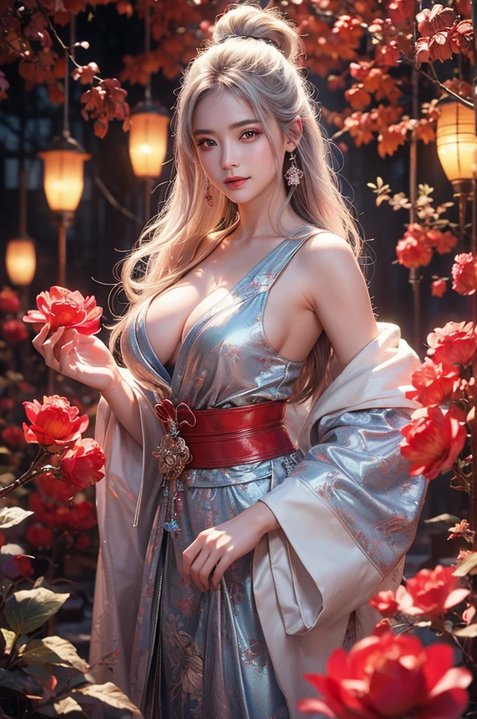 highest quality、8k Masterpiece、ultraA high resolution、(Photorealistic:1.3)、RAW Photos、1 girl、Silvery white hair、Glowing Skin、((Ultra-Realistic Details))、Portrait、Global Illumination、Shadow、Octane Rendering、8k、Super sharp、soft、warm colors、Very intricate details、Realistic Light、CGSoation Trend、Beautiful and shining eyes、Beautiful breasts、To the camera、Neon Details、Landscapes of unimaginable beauty、100 Light of japanese red lanterns、Swirl、samurai girl in the center、female、sexy、Healthy Body、Japanese、A beauty that everyone falls in love with、smile、whole body