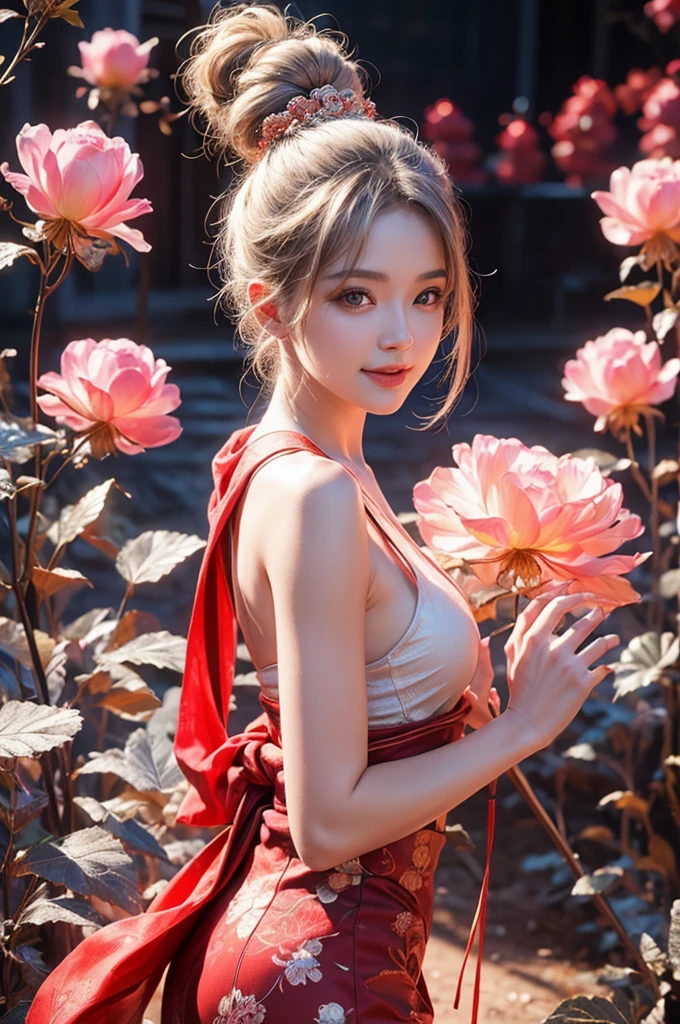 highest quality、8k Masterpiece、ultraA high resolution、(Photorealistic:1.3)、RAW Photos、1 girl、Silvery white hair、Glowing Skin、((Ultra-Realistic Details))、Portrait、Global Illumination、Shadow、Octane Rendering、8k、Super sharp、soft、warm colors、Very intricate details、Realistic Light、CGSoation Trend、Beautiful and shining eyes、Beautiful breasts、To the camera、Neon Details、Landscapes of unimaginable beauty、100 Light of japanese red lanterns、Swirl、samurai girl in the center、female、sexy、Healthy Body、Japanese、A beauty that everyone falls in love with、smile、whole body