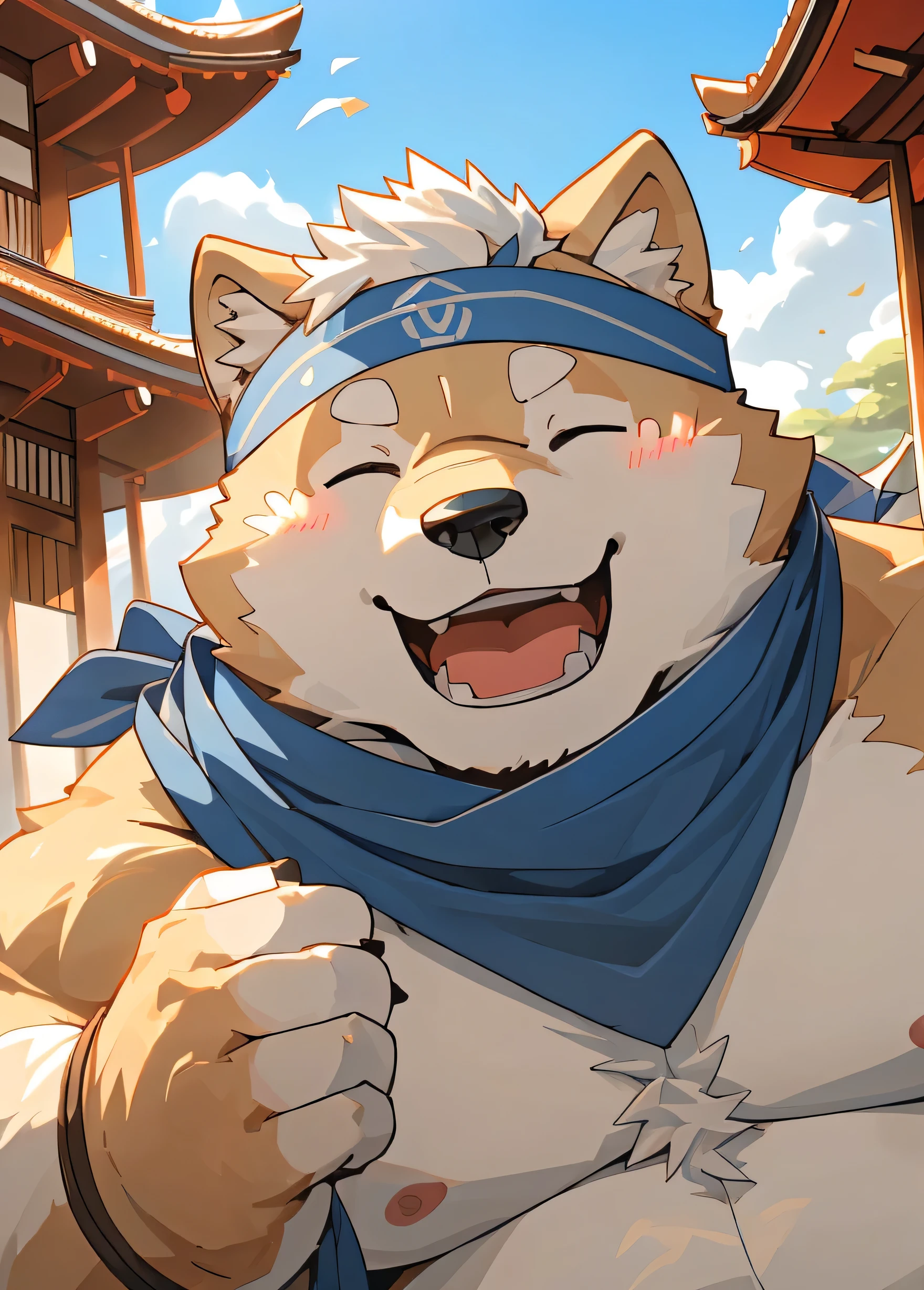 (masterpiece),(Very detailed),(best quality),hairy,Shiba Inu,fur,white hair,Gray pupil,(Japan samurai attire),((blue scarf)),((Brown headband)),(blush:1.1),((Close your eyes)),a happy expression,Temple Background,8K,(high quality),(Ultra high quality),(Super detailed),(Best Works)