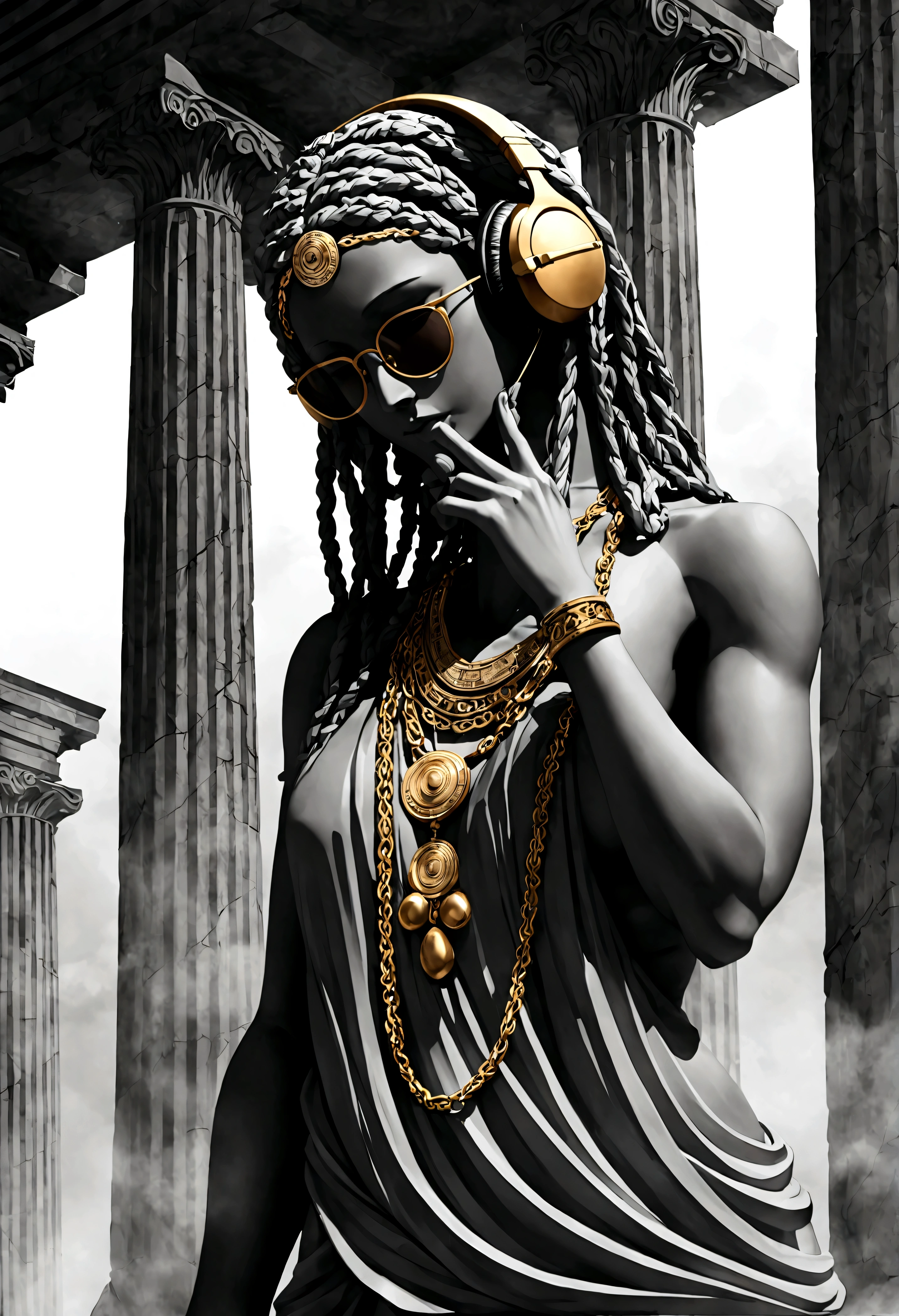 Stoic Greek woman made of gray stone with cracks representing the modern DJ. The figure must be in a dynamic pose, with one hand adjusting the headphones and the other on the soundboard. The sculpture must have the following characteristics:Headphones: Large and modern, detailed carved from marble.Soundboard: Toned body with head down, a thick fog around, a red beam in the sky illuminates the fog. In the background there are black mystical mountains, bright colors, high contrast of tones, dark atmosphere, seen from above. Mix of modern technology with classic Greek elements, including buttons and sliders. Gold Chain: A robust and very detailed chain hanging around the neck. Transparent Glasses Glasses with a translucent appearance, sculpted to look like glass. Rasta Hair: Dreadlocks falling forward, partially covering the face, but without hiding important details. Sculpture Style: Ideal proportions and well-defined muscles, following the classic Greek style. Traditional Greek clothing adapted to the modern look of a DJ.Base and Context:The base of the sculpture must combine classical elements, such as Greek columns and friezes, with symbols of Image Quality Resolution: 4K to 8K