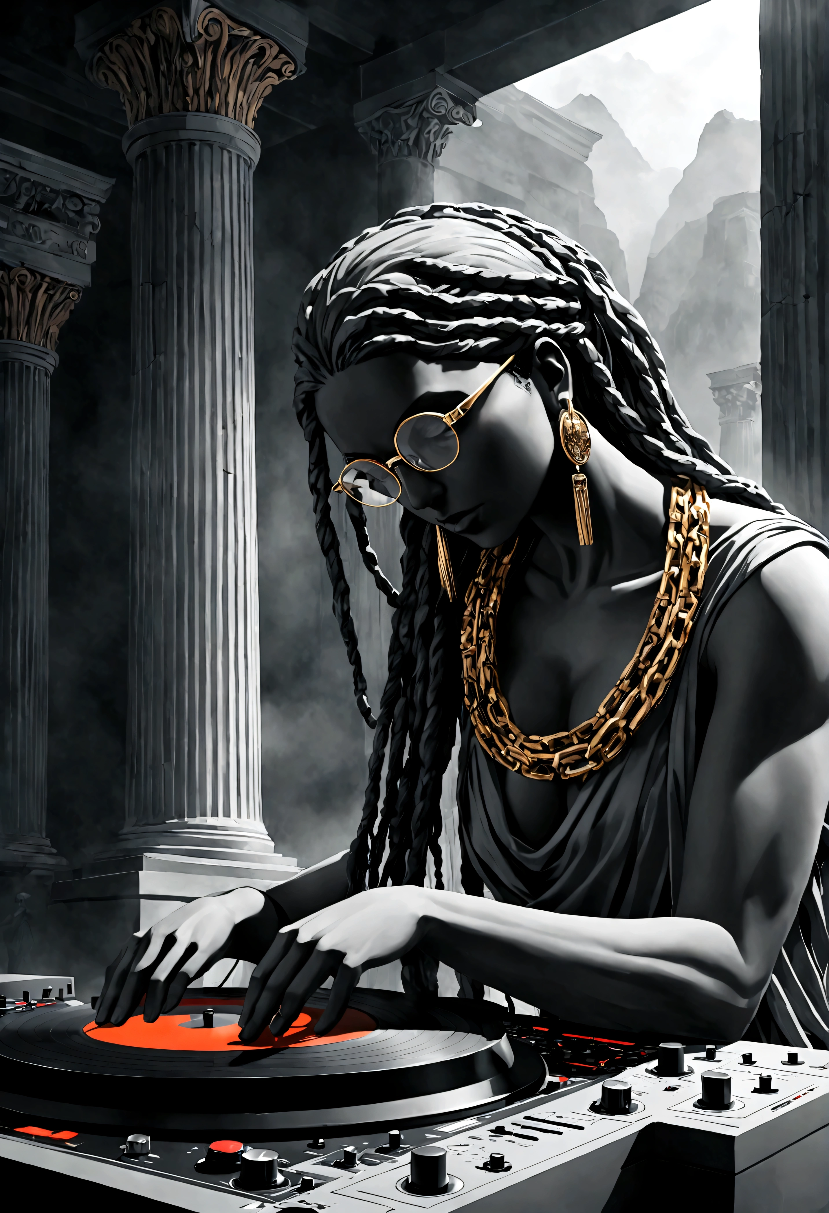 Stoic Greek woman made of gray stone with cracks representing the modern DJ. The figure must be in a dynamic pose, with one hand adjusting the headphones and the other on the soundboard. The sculpture must have the following characteristics:Headphones: Large and modern, detailed carved from marble.Soundboard: Toned body with head down, a thick fog around, a red beam in the sky illuminates the fog. In the background there are black mystical mountains, bright colors, high contrast of tones, dark atmosphere, seen from above. Mix of modern technology with classic Greek elements, including buttons and sliders. Gold Chain: A robust and very detailed chain hanging around the neck. Transparent Glasses Glasses with a translucent appearance, sculpted to look like glass. Rasta Hair: Dreadlocks falling forward, partially covering the face, but without hiding important details. Sculpture Style: Ideal proportions and well-defined muscles, following the classic Greek style. Traditional Greek clothing adapted to the modern look of a DJ.Base and Context:The base of the sculpture must combine classical elements, such as Greek columns and friezes, with symbols of Image Quality Resolution: 4K to 8K
