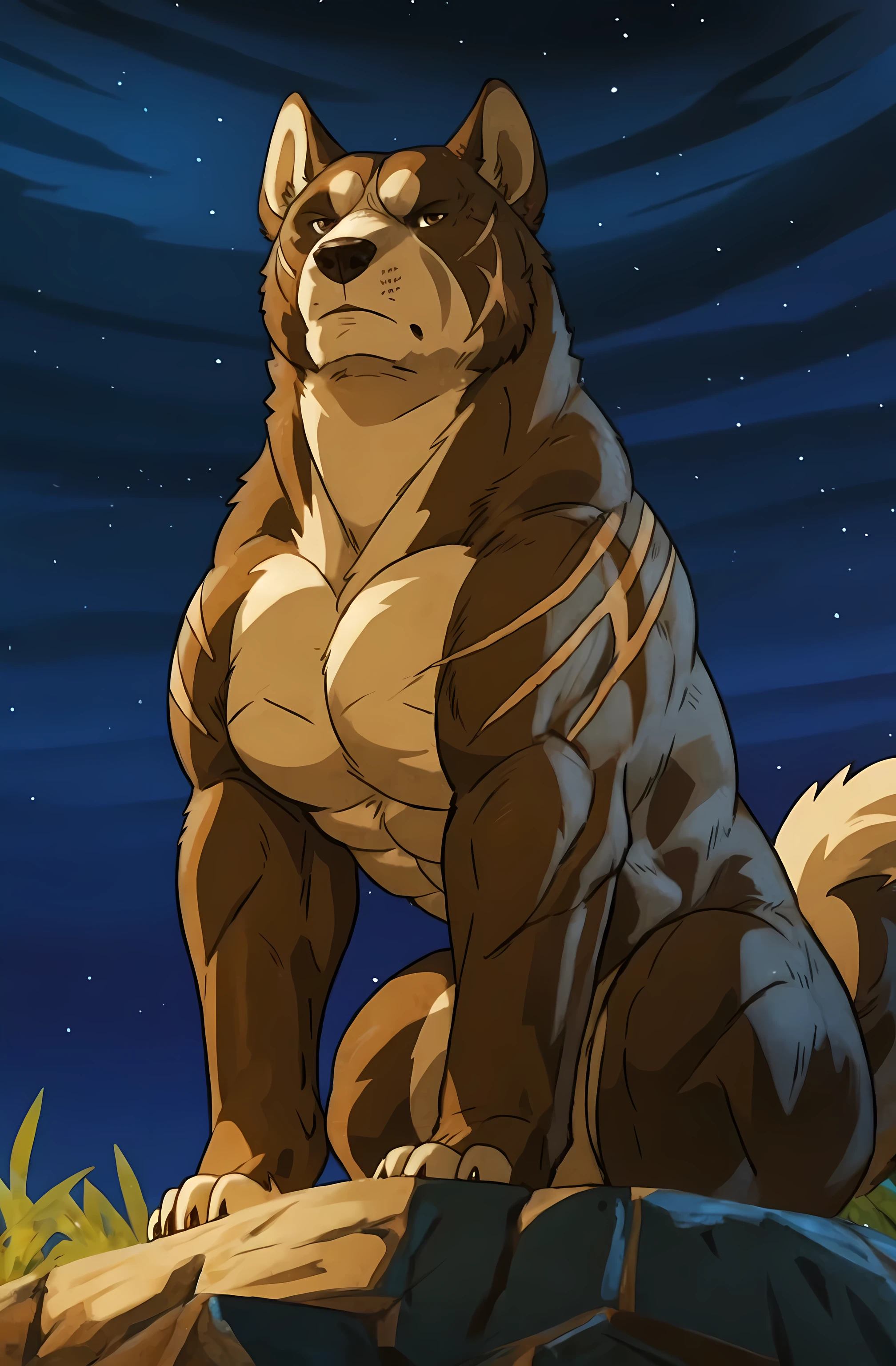 riki, detailed scars, brown fur, male, masculine, feral:1.1, quadruped, full body, (muscular forelegs, muscular neck, muscular shoulders, muscular feral):1.4, heavyweight, pectorals:1.2, correct pectorals, abs biceps, paws, detailed, high quality, best resolution, cel shaded, solo, (night background, stars):1.1, rimlight, dramatic shadows, strong shadows, dog tail, dog ears, by wfa, by seibear, by rossciaco, by taran fiddler, by echin:0.5, cel shaded, strong chest, posing, proud, majestic, brown eyes, detailed eyes, stern eyes, looking at viewer, sitting, mwvector