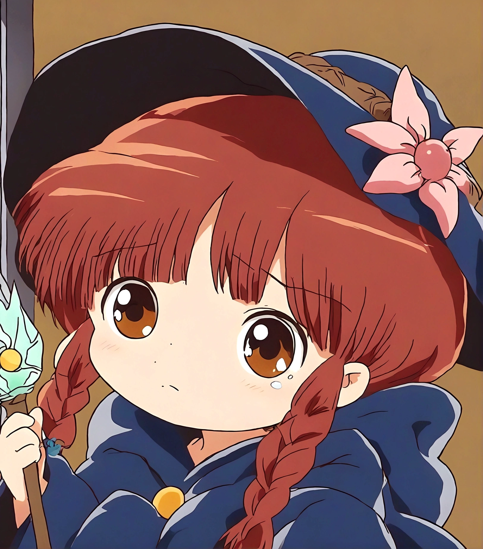 Brown double braids、Disgusted look, Cute anime style Hagrid, a young witch, Anime cute art style, Marisa Kirisame, Witch Girl, Anime Characters, as an Anime Characters, Possess magical powers, young wizard, A different world, Holding a magic wand（8K）（HD）（（best quality））， （（Intricate details））， （（Surrealism））