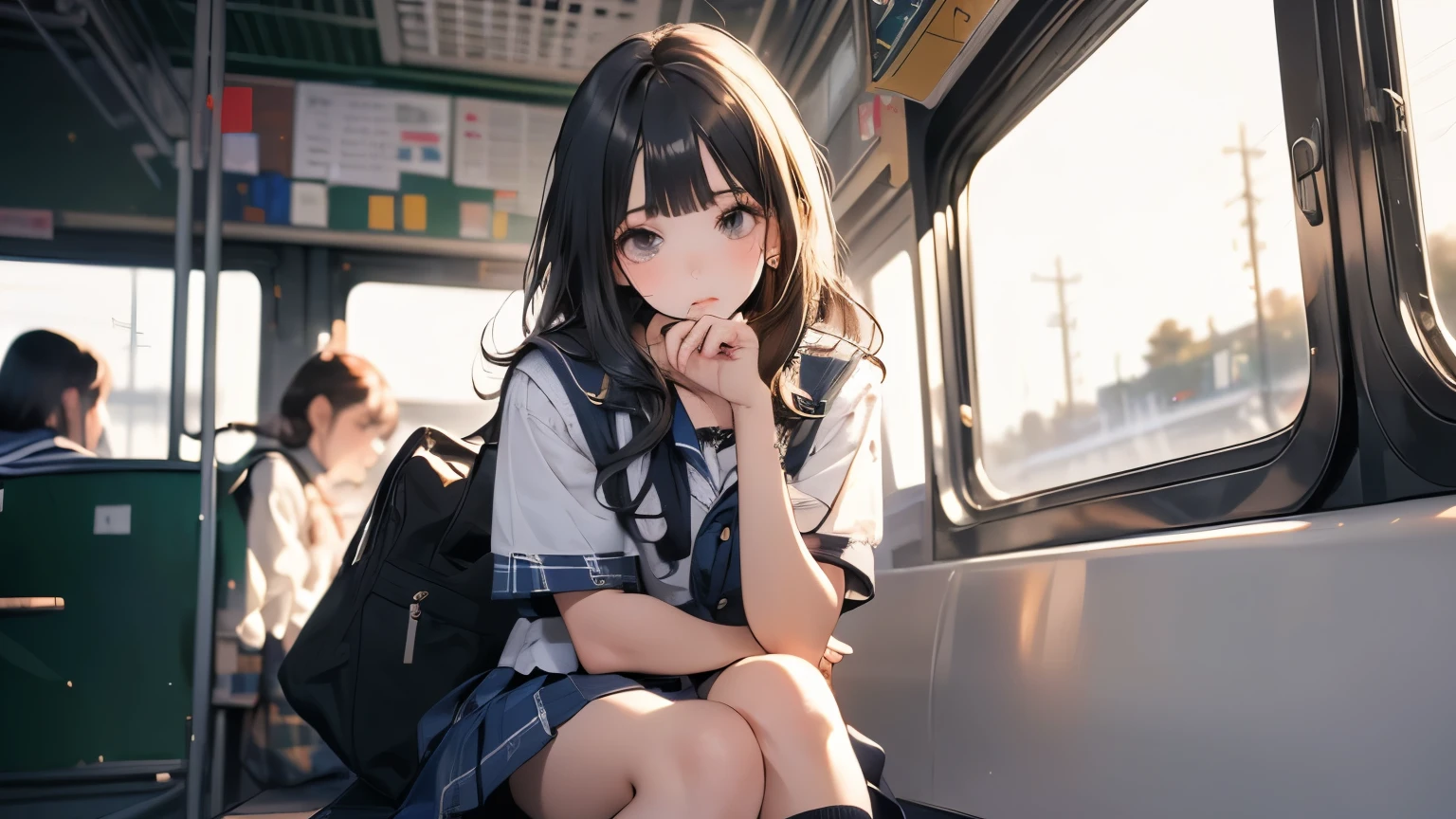 ((Beautiful schoolgirl:1.5),High resolution, highest quality),Wearing a sailor uniform,Super detailed, Big bright eyes, dark and brilliant curly hair, Sad look, Rosy Cheeks, Soft Light, Pure white background. riding a train,Reading a book,whole body,Attractive legs,whole body,Her legs are slightly apart