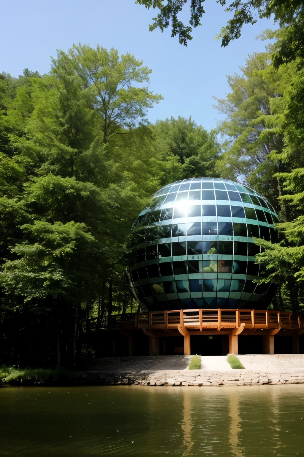 a multi-story, globe-shaped building. Inside there are trees and around a large wooded lake. All with elven architecture in the center of a city.