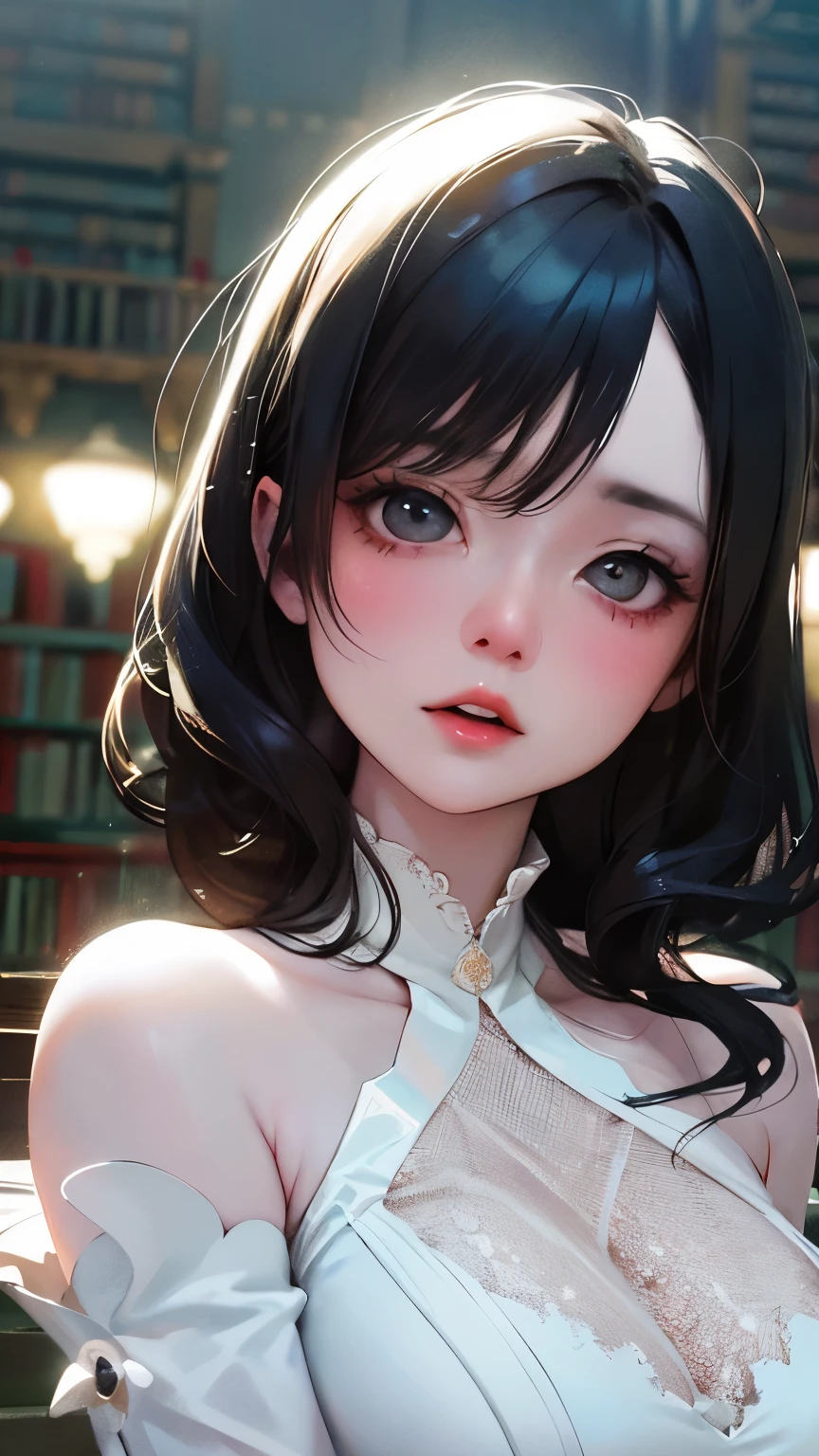 (a closeup:1.4)、 (RAW Photography:1.2)、(Photorealsitic:1.4)、(masterpiece:1.3)、(top-quality:1.4)、dream-like、(A detailed eye)、(detailed facial features)、(detailed clothes features)、Skin tightening、(shinny skin)、(Slender Girl)、large full breasts、(slim girl)、1girl in、(full bodyesbian))、独奏、cute little、smlie、bangss、straight haired、Beginner Hair、A dark-haired、Black eye、an lingerie、
