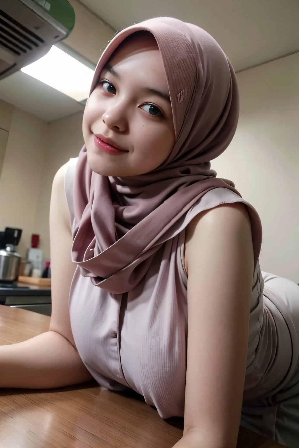(((HIJAB HUGE BOOTY))), product quality, 1girl, full body shot, front view, a Japanese young pretty girl, shoulder length hair, wearing only a silky satin yellowish green apron with white frills over her naked body with a big smile, cooking in a kitchen, glamorous figure, busty, hyper cute face, glossy lips, double eyelids in both eyes, natural makeup, long eyelashes, shiny smooth light brown hair, asymmetrical bangs, fair skin, central image, high resolution, high detail, detailed hairstyle, detailed face, cinematic lighting, octane rendering, vibrant, hyper realistic, perfect limbs, perfect anatomy