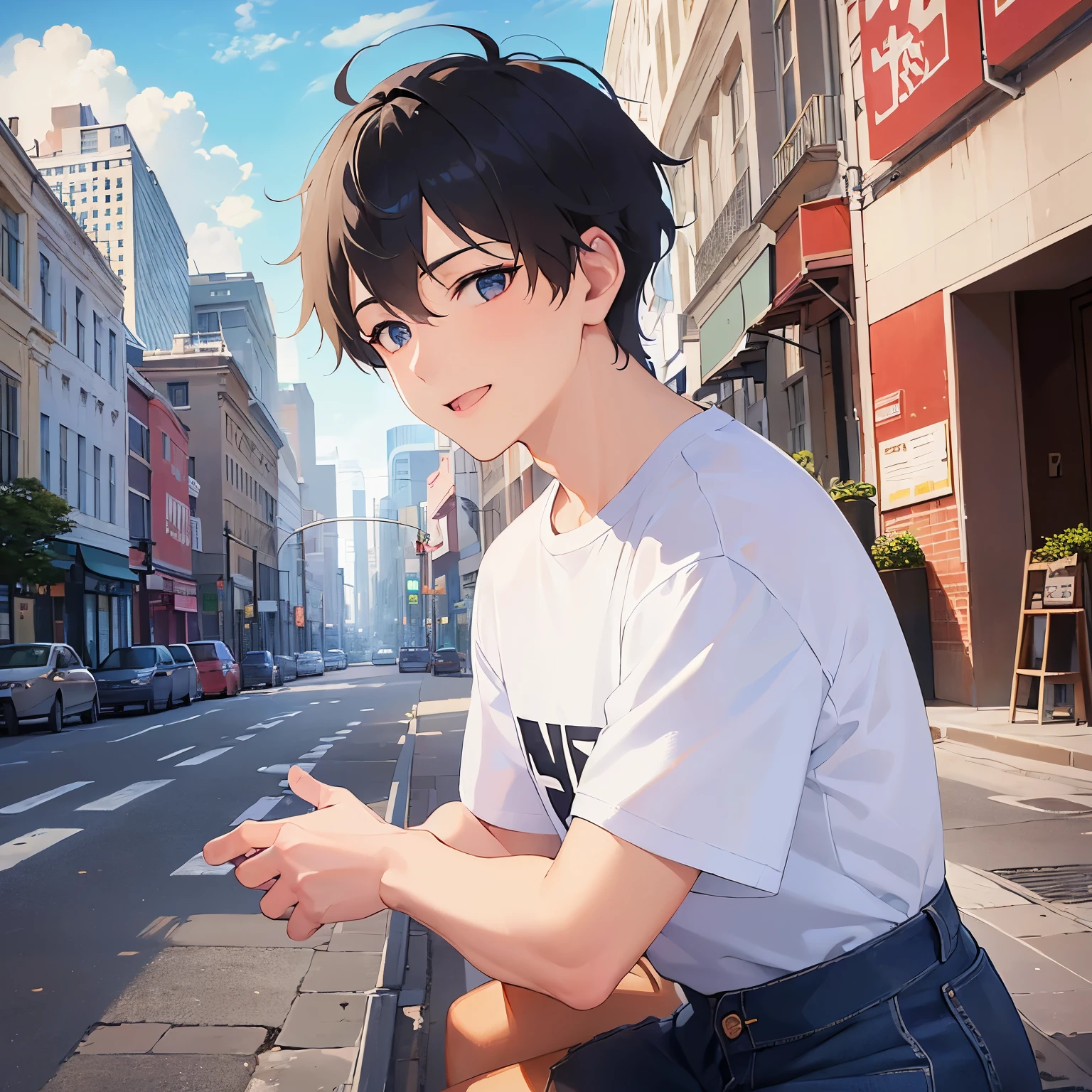 Detailed CG,Ultra-fine illustrations,masterpiece,highest quality,shiny skin,BREAK(28-year-old male:1.5)and(Black Short Hair)and(blue eyes)BREAK,(White T-shirt:1.5)and(jeans),(smile),looking at viewer, side angle,The background is the city,alone