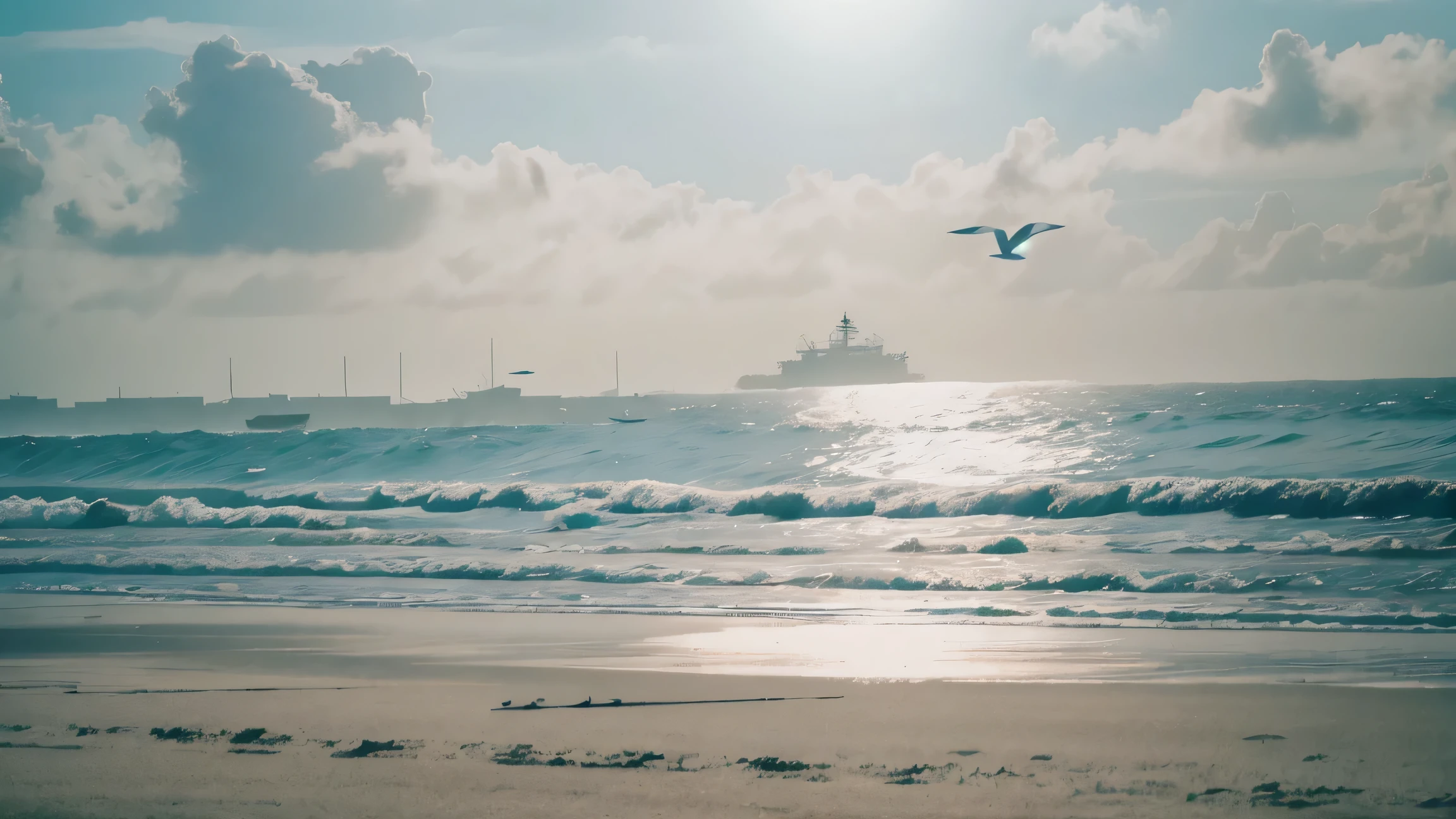 beautiful sea scene, a foggy beach somewhere in asia with birds in the sky, soft shadows, filmgrain
