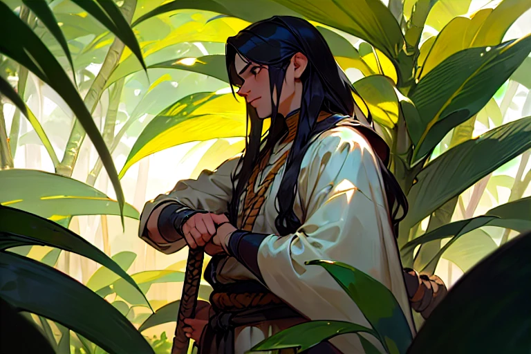 ((Best quality)), ((samouraï hippie)), (detailed), (Realistic), guerrier masculin, muscular physique, tenue tribale, peinture de visage, brandissant une lance, (jungle:1.3), feuillage dense, plantes exotiques, lumière du soleil tachetée, (hyperRealistic:1.2), oil painting&#39;huile, (Frank Frazetta:1.1), Influence DeviantArt, pose d&#39;action dynamique, (portrait:1.1), 8k resolution