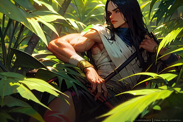 ((Best quality)), ((samouraï hippie)), (detailed), (Realistic), guerrier masculin, muscular physique, tenue tribale, peinture de visage, brandissant une lance, (jungle:1.3), feuillage dense, plantes exotiques, lumière du soleil tachetée, (hyperRealistic:1.2), oil painting&#39;huile, (Frank Frazetta:1.1), Influence DeviantArt, pose d&#39;action dynamique, (portrait:1.1), 8k resolution