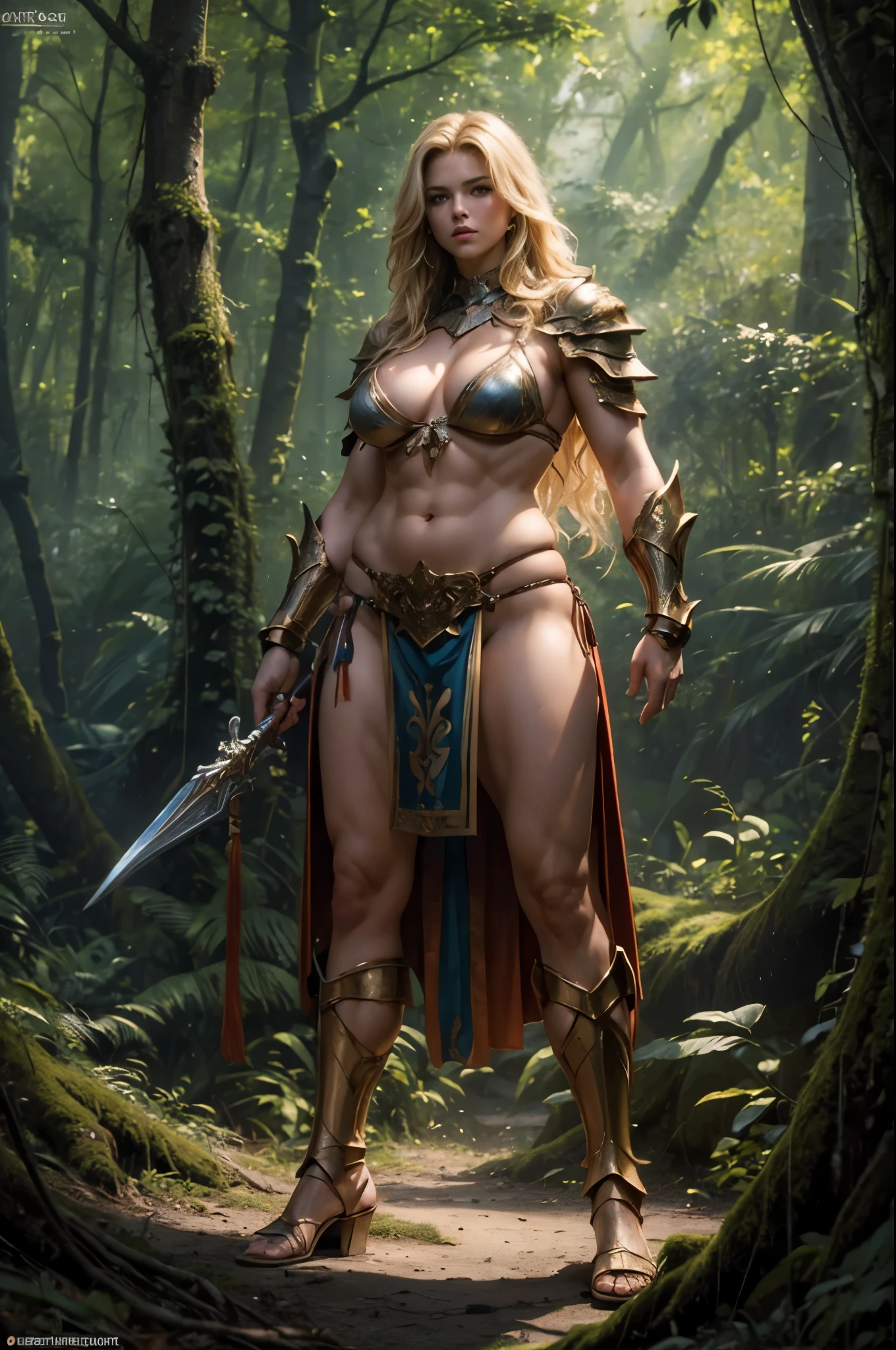 (masterpiece, highest quality, Realistic, High resolution, photograph, :1.3), Sharp focus, beautiful Femail warrior, perfect beautiful face, long blonde hair, voluptuous body, Abs, muscle, bikini armor, loincloth, standing pose, in dark forest, ((whole body shot)),