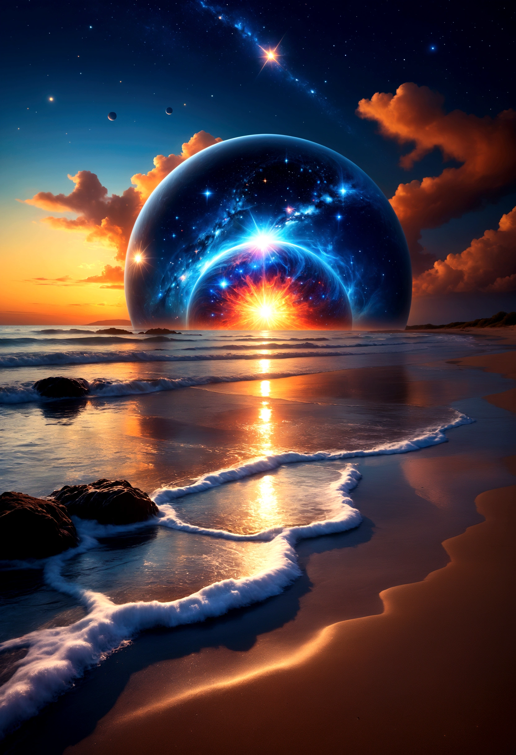 Artwork by Phil Koch, Meghan Howland 蓝月 number ral-epochelves 拍摄了日落后夏日风景的超现实图像,Luminosity represents a giant cosmic eye dominating the night sky, Surrounded by Starnet, Nebulae and cosmic dust, Under this wonder of the universe, Depicting a peaceful beach,The sea is sparkling, Luxuriant and symmetrical reflections of sparkling nebulae and glowing star points. realism: Complex background, Dynamic Lighting, number, Intricate details. The overall style should be dreamy and fantastical, A touch of authenticity in the details.