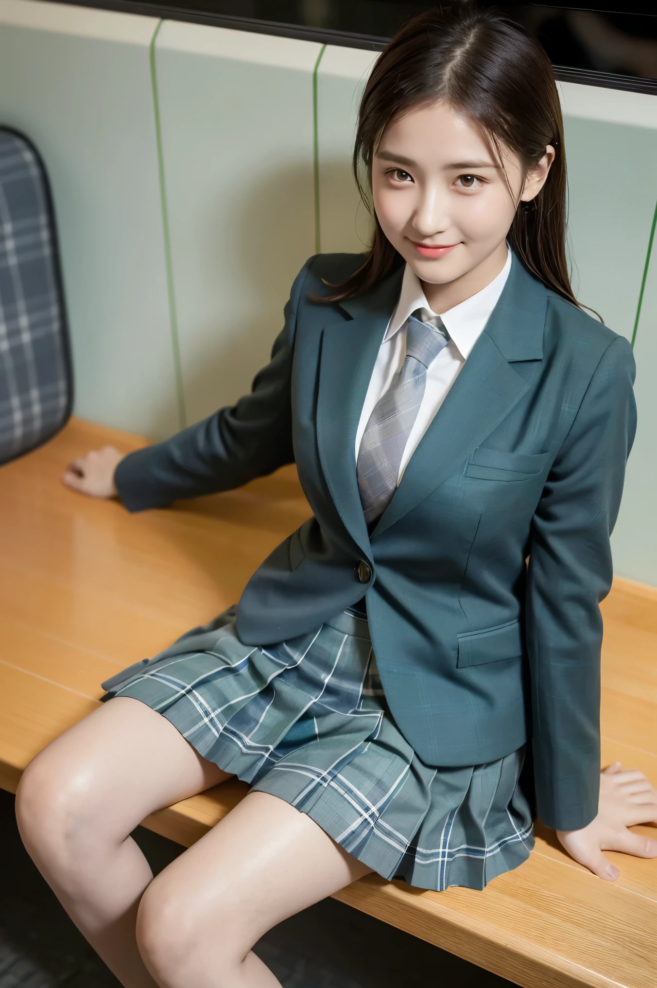 (8K), (highest quality: 1.2), (realistic), (realistic: 1.37), ultra high resolution, 1 girl, cute, smile, closed mouth, beautiful details, beautiful nose, wet hair, giant dulcefo, pork, thighs,college uniform,simple dark green blazer,baggy white socksを履く,spread your legs ,skirt lift, From above,(The pleated skirt has a blue green and gray tartan check pattern.:1.4),(The tie has a moss green and greige regimental pattern.:1.1),sit in the blue seat of the train,Japanese train walls and windows,