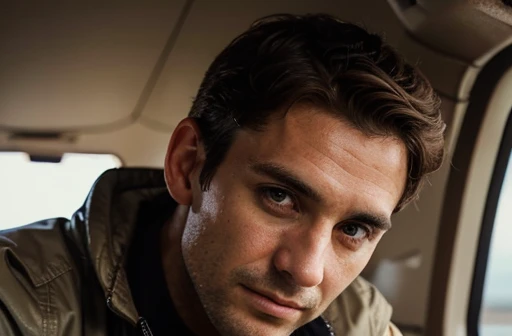 man 30 years old, not handsome, short hair, beautiful large eyes, straight perfect nose, wrinkled, scarred face, high, humpbacked, in a pilot jacket. realistic, photo, solo, arms crossed over his chest