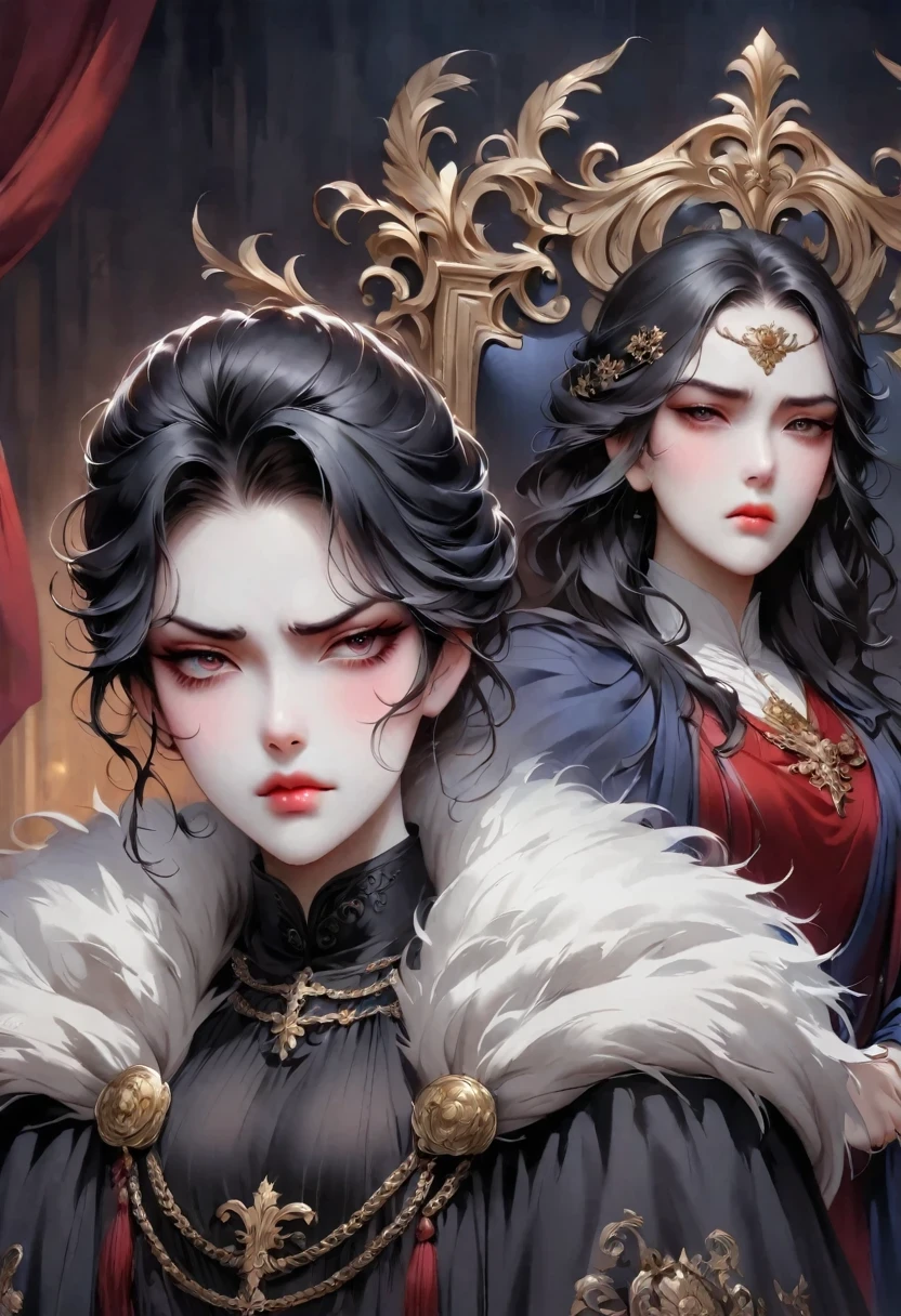 Disgusted Look,Cold and arrogant noble lady,Stubborn and prejudiced expression of disgust,Show the sarcastic face to the fullest,Throne Background